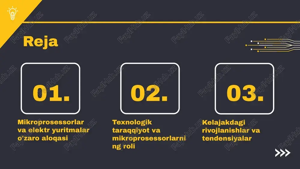 akkabligi va yuqori xarajatlari ba'zi tizimlarga kiritishni qiyinlashtiradi. bu, ayniqsa, kichik va o'rta bizneslar uchun muammo bo'lishi mumkin. yangi texnologiyalar, masalan, sun'iy intellekt va iot, mikroprosessorlar va elektr yuritmalarining imkoniyatlarini kengaytiradi. bu yangi bozorlarni ochishi mumkin. raqobat kuchayishi va xavflar, masalan, kiberxavfsizlik muammolari, mikroprosessorlar va elektr yuritmalari sohasidagi innovatsiyalarni cheklashi mumkin. s w o t amaliy misollar mikroprosessorlar asosida boshqariluvchi elektr yuritmalari ko'plab sanoat va kundalik hayotda keng qo'llaniladi. quyida ba'zi amaliy misollar keltirilgan: 1. **avtomobillar elektr yuritmalari**: mikroprosessorlar avtomobillarda motorning tezligini va harakatini boshqarishda muhim rol o'ynaydi. ular sensorlar orqali ma'lumot to'playdi va bu ma'lumotlarni tahlil qilib, motorni optimal ishlash rejimida saqlaydi. 2. **issiqlik tizimlari**: uy isitish tizimlarida mikroprosessorlar radiatorda haroratni nazorat qiladi va kerakli haroratga erishish uchun isitish elementlarini boshqaradi. bu energiya sarfini kamaytiradi va qulaylikni oshiradi. 3. **havoni tozalash tizimlari**: mikroprosessorlar havoni tozalash tizimlarida havoning sifatini o'lchash va tozalash jarayonlarini avtomatlashtirishda qo'llaniladi. ular havoning tozaligini nazorat qilib, …