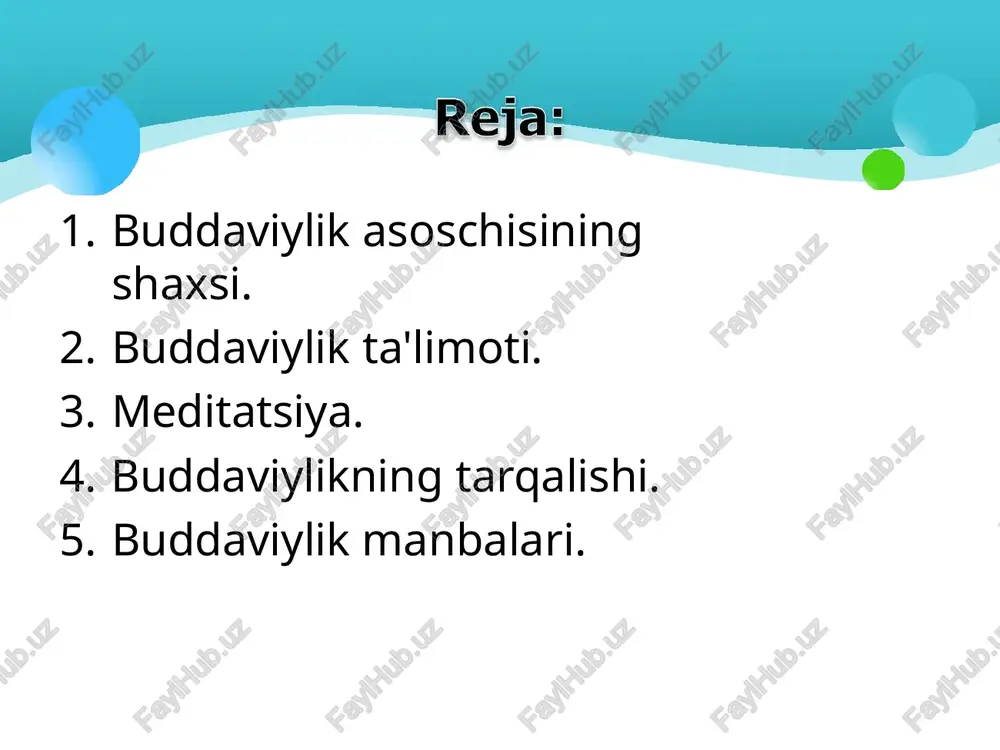 ari asosida vujudga kelgan, amaliyot va nazariyotdan iborat diniy tizimdir. uning asosi «hayot - bu azob, uqubatdir» va «najot yo‘li mavjud» degan g‘oyadir. buddaning ilk da'vati mujassamlashgan 4 haqiqatda o‘z ifodasini topgan. birinchi haqiqat - «azob uqubat mavjuddir» har bir tirik jon boshidan kechiradi, shuning uchun har qanday hayot - qiynoq, azob- uqubatdir. ikkinchi haqiqat - «qiynoqlarning sabablari mavjuddir» inson moddiy narsalar yoki ma'naviy qadriyatlardan foydalanib, ularni haqiqiy va doimiy deb hisoblaydi va doimo ularga ega bo‘lishga intiladi. uchinchi haqiqat - «qiynoqlarni tugatish mumkin» yaxshi yoki yomon niyatlar, intilishlardan butunlay uzilish nirvana (ruhning oliy maqomga erishishi) holatiga to‘g‘ri keladi. to‘rtinchi haqiqat - « qiynoqlardan qutilish yo‘li mavjuddir» bu yo‘l - «sakkizta narsaga amal qilish, to‘g‘ri tushunish, to‘g‘ri harakat qilish, to‘g‘ri muomalada bo‘lish, fikrni to‘g‘ri jamlash» (meditatsiya). buddizm ta'limoti asosan uch qismdan iborat: meditatsiya ahloq donolik meditatsiya: to‘g‘ri tushunish; to‘g‘ri niyat qilish; to‘g‘ri o‘zini tutish; to‘g‘ri anglash; to‘g‘ri harakat qilish; to‘g‘ri …