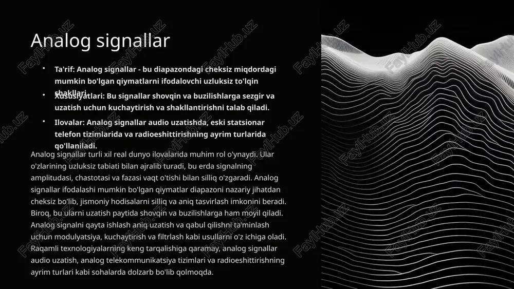 u ularni uzatish paytida shovqin va buzilishlarga ham moyil qiladi. analog signalni qayta ishlash aniq uzatish va qabul qilishni ta'minlash uchun modulyatsiya, kuchaytirish va filtrlash kabi usullarni o'z ichiga oladi. raqamli texnologiyalarning keng tarqalishiga qaramay, analog signallar audio uzatish, analog telekommunikatsiya tizimlari va radioeshittirishning ayrim turlari kabi sohalarda dolzarb bo'lib qolmoqda. 2 raqamli signallar ta'rif: raqamli signallar diskret qiymatlar yoki belgilar ketma-ketligi sifatida kodlangan ma'lumotni ifodalovchi diskret, kvantlangan to'lqin shakllaridir. xususiyatlari: ular ikkilik kod, 0s va 1s yordamida ifodalanadi va shovqin va shovqinlarga chidamli bo'lib, ularni uzoq masofalarga uzatish uchun ideal qiladi. ilovalar: raqamli signallar telekommunikatsiya, kompyuter tarmoqlari, raqamli media va zamonaviy elektronikada keng qo'llaniladi. afzalliklari: ular xatolarni aniqlash va tuzatish, ma'lumotlarni samarali siqish va zamonaviy hisoblash tizimlari bilan moslashish imkonini beradi. 3 asosiy tarmoqli signallari asosiy tarmoqli signallar chastotani siljitish uchun modulyatsiyasiz bitta kanalda uzatiladigan signallarga tegishli. ushbu signallar odatda past chastotali diapazonni egallaydi va odatda ma'lumotlarni uzatish uchun …