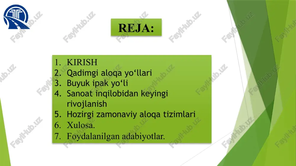 ‘zbekiston hududidan o‘tib, samarqand, buxoro, termiz kabi shaharlarning rivojlanishiga katta hissa qo‘shgan. yo‘l bo‘yidagi karvonsaroylar, bozorlar va madaniy markazlar savdo-sotiq va xalqaro aloqalarni rivojlantirishda muhim rol o‘ynagan. buyuk ipak yo‘li tarixda faqatgina iqtisodiy yo‘l sifatida emas, balki sivilizatsiyalarni bog‘lovchi madaniy ko‘prik sifatida ham katta ahamiyat kasb etgan. o‘rta asrlardagi aloqa yo‘llari o‘rta asrlar davrida aloqa yo‘llari yanada kengaydi va tartibga solina boshladi. bu davrda savdo, diplomatiya va diniy yurishlar faol bo‘lib, xalqlar o‘rtasidagi muloqot kuchaydi. ayniqsa, karvon yo‘llari asosiy transport yo‘nalishi sifatida rivojlandi. karvon yo‘llari bo‘ylab yuruvchi savdogarlar va sayohatchilar uchun maxsus dam olish va xavfsizlik maskanlari — karvonsaroylar qurildi. bu maskanlarda sayohatchilar tunash, ovqatlanish, hayvonlarini boqish va tovarlarini saqlash imkoniga ega bo‘lishgan. shu bilan birga, dengiz yo‘llari ham jadal rivojlanib bordi. arab savdogarlari va venetsiya ko‘rfazi savdo floti orqali hind okeani, qizil dengiz va o‘rta yer dengizi bo‘ylab keng savdo aloqalari o‘rnatildi. o‘rta asrlarda aloqa yo‘llari orqali ipak, qimmatbaho …