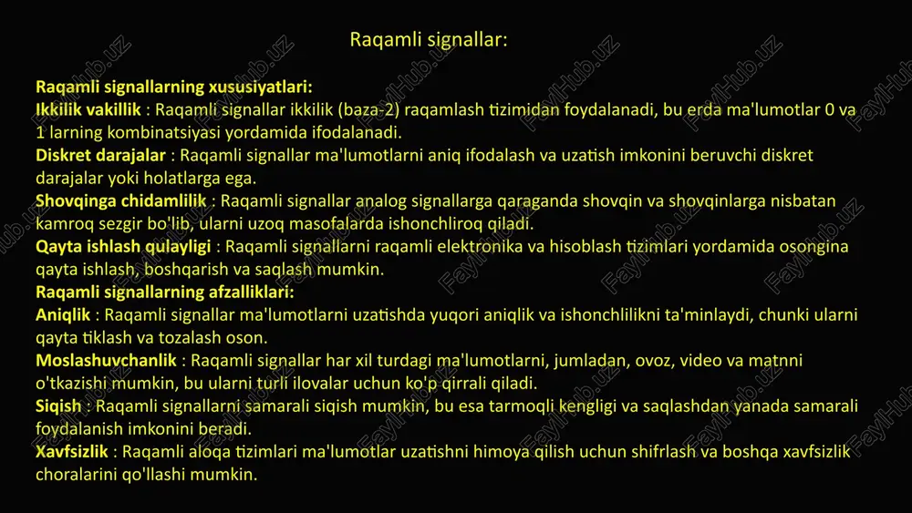 a'minlaydi, chunki ularni qayta tiklash va tozalash oson. moslashuvchanlik : raqamli signallar har xil turdagi ma'lumotlarni, jumladan, ovoz, video va matnni o'tkazishi mumkin, bu ularni turli ilovalar uchun ko'p qirrali qiladi. siqish : raqamli signallarni samarali siqish mumkin, bu esa tarmoqli kengligi va saqlashdan yanada samarali foydalanish imkonini beradi. xavfsizlik : raqamli aloqa tizimlari ma'lumotlar uzatishni himoya qilish uchun shifrlash va boshqa xavfsizlik choralarini qo'llashi mumkin. 2 raqamli signallarning kamchiliklari: internet aloqasi : raqamli signallar internet aloqasida, jumladan, elektron pochta, veb-sahifalar va onlayn oqimlarda keng qo'llaniladi. mobil aloqa : mobil telefonlar va uyali tarmoqlar ovoz va ma'lumotlarni uzatish uchun raqamli signallardan foydalanadi. raqamli televideniye (dtv) : dtv televizion signallarni uzatish uchun raqamli signallardan foydalanadi va analog televideniyega nisbatan yuqori sifatli va ko'proq kanallarni taqdim etadi. kompyuter tarmoqlari : ethernet va boshqa kompyuter tarmoqlari texnologiyalari qurilmalar o'rtasida ma'lumotlarni uzatish uchun raqamli signallardan foydalanadi. raqamli audio va video yozish : cd, dvd …