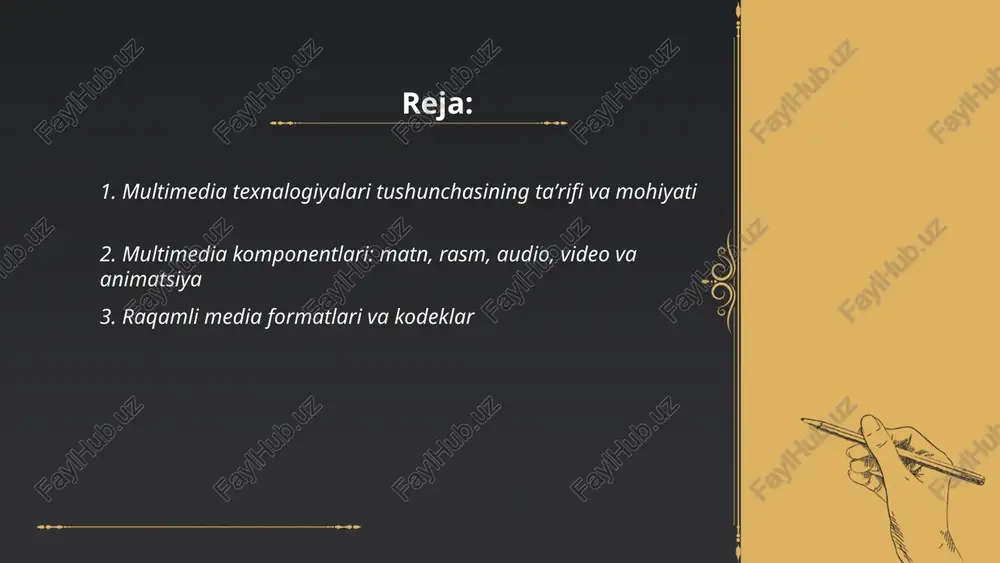 va bit chuqurligi 16-bit yoki 24-bit, shovqin-siğimi (snr), fft analiz, filtrlar (lpf, hpf), dinamikani siqish, kodeklar mp3, aac, flac. video signalni qayta ishlash: kadrlash tezligi 24, 25, 30, 60 fps, ruxsat 720p, 1080p, 4k, rang fazolari rgb va yuv, xroma subsampling 4:4:4, 4:2:2, 4:2:0, kodeklar h.264, h.265, vp9, bitrate, gop, deinterlacing, sinxronizatsiya (lip-sync), kechikish va keshlash. ... t.me/slaydai_bot media ma'lumotlarini siqish usullari ikki turga bo'linadi: lossless va lossy. lossless siqish ma'lumotni to'liq tiklashga imkon beradi, misollar: png, flac, zip; asosiy usullar: entropiya kodlash, huffman, lzw, run-length, prediktsiya. lossy siqish ma'lumotni qisman yo'qotadi, yuqori siqish nisbati, misollar: jpeg, mp3, aac, h.264; asosiy prinsiplari: transform (dct), kvantizatsiya, psikoakustik va vizual modelirovka. qo'llash: arxivlash va tahrir uchun lossless, striming va ommaviy tarqatish uchun lossy. ... t.me/slaydai_bot multimedia fayl konteynerlari ma'lumot qatlamlarini bir faylda birlashtiradi. mashhur konteynerlar: 1. avi, 2. mp4, 3. mkv, 4. mov, 5. flv. har bir konteyner tarkibida header, metadata, stream …