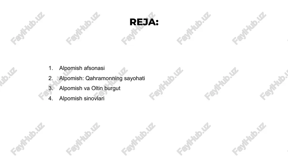 bilan duch kelganida namoyon bo‘ladi. jasorat va qat'iyat bilan u o'z yurtidagi xatolarni tuzatishga intiladi. alpomish fidokorona qahramonliklari orqali o‘z jamiyatiga or-nomus va sadoqat kabi qadriyatlarni namoyon etadi. uning adolatga sodiqligi atrofdagilarni to‘g‘rilik tarafdori bo‘lishga ruhlantiradi. alpomishning safari davom etar ekan, uning qat’iyatini sinab ko‘radigan dushmanlarga duch keladi. to'siqlarga qaramay, u adolat yo'lida sobit bo'lib, oxir-oqibat adolatsizlik ustidan g'alaba qozonadi va tinchlikni tiklaydi. alpomish hikmatlari “alpomish” dostoni mardlik va donishmandlik haqidagi jozibali ertak bo‘lib, afsonaviy qahramonning g‘ayrioddiy sarguzashtlari va aql bovar qilmaydigan yutuqlarini namoyish etadi. alpomish donishmandligi uning ajoyib qarorlari va xatti-harakatlari bilan yaqqol namoyon bo‘lib, ular har qanday yoshdagi kitobxonlarni ilhomlantirib, ma’rifatli qilishda davom etmoqda. "alpomish" dostoni bo'ylab sayohatga chiqing va butun dunyo bo'ylab tomoshabinlar bilan rezonanslashishda davom etayotgan abadiy saboqlar va chuqur tushunchalarni toping. alpomish: tog‘lar qo‘riqchisi 1 2 3 alpomish – oʻrta osiyo xalq ogʻzaki ijodida togʻlarni va uning aholisini himoya qilish bilan mashhur boʻlgan afsonaviy qahramon. …