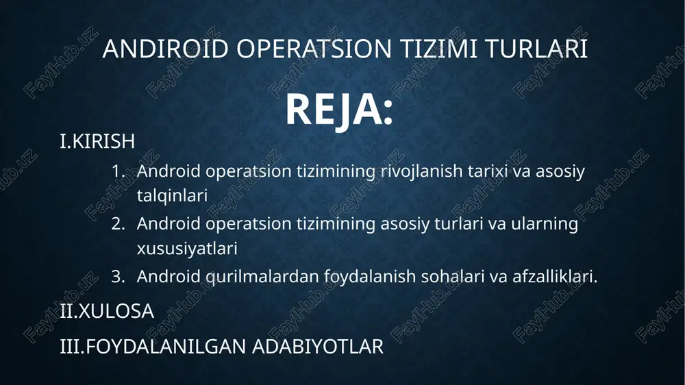 azildi, tekshirilgan yuklash (verified boot) va ilovalarni tekshiruvchi mexanizmlar rivojlantirildi. platforma-dasturiy ta’minot bog‘liqligini kamaytirish uchun android 8.0 dan boshlab project treble apparat abstraksiyasini qatlamlash orqali yangilanishlarni soddalashtirdi; android 10 davrida project mainline muhim tizim komponentlarini google play orqali moduliy tarzda yangilash imkonini kengaytirdi. shu tariqa android versiyalari interfeys ergonomikasi, resurs boshqaruvi, xavfsizlik va ai xizmatlari integratsiyasi bo‘yicha izchil evolyutsiyani namoyish etdi. android talqinlari uch yo‘nalishda ko‘rinadi. birinchisi, “stock” yoki aosp asosidagi toza android bo‘lib, minimal o‘zgartirish va tezkor yangilanishlar bilan ajraladi; google mobile services qo‘shilgan holatda ekotizimdagi ilovalar va servislar chuqur integratsiyalanadi. ikkinchisi, ishlab chiqaruvchiga xos moslashtirishlar bo‘lib, one ui, miui yoki oxygenos kabi qobiq va optimizatsiyalar apparat resurslaridan maksimal foydalanish, brend identifikatsiyasi hamda qo‘shimcha funksiyalarni ta’minlaydi. uchinchisi, funksional segmentlar: android tv televizorlar uchun masofaviy boshqaruv va katta ekran interfeysi bilan, wear os kiyiladigan qurilmalar uchun energiya-samarador sensorlash va soddalashtirilgan o‘zaro ta’sir bilan, android auto avtomobillar uchun xavfsiz interfeys va …