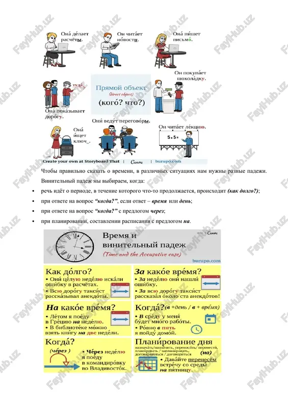 nim, za, pod i s – s tvoritelnim). chtobi ne zaputatsya, nado znat znacheniya (funktsii) raznix padejey. uprajnenie 1. gde vi postavite slova v skobkax v vinitelniy padej? 1. snachala mi letim v …(samarkand), potom iz …(samarkand) edem na …(mechet) v …(buxara). 2. v …(universitet) mi izuchali …(fizika), …(ximiya), …(matematika), …(inostrannie yaziki) i mnogo …(drugie interesnie predmeti). 3. posle …(vcherashniy prazdnik) … (nozim)… (ves den) klonit v son na …(rabota). 4. …(vsya proshlaya nedelya) mi bili zanyati …(organizatsiya) …(vistavka). 5. …(takaya rabota) nevozmojno vipolnit za …(den)! 6. mne nado perenesti …(vstrecha) s …(eta pyatnitsa) na …(sleduyushaya nedelya). 7. zavtra mi idyom na …(konsultatsiya) k …(yurist). 8. lyudi berut …(potrebitelskie krediti), nesmotrya na …(visokie protsentnie stavki). 9. spasibo …(vi) bolshoe za …(vasha pomosh). 10. ya tochno pomnyu, chto polojila …(dengi) syuda na …(stol). ne ponimayu, pochemu seychas …(oni) na …(stol) net. 11. na …(sleduyushaya nedelya) v …(subbota) mexrinoz vozvrashaetsya v …(andijan) …