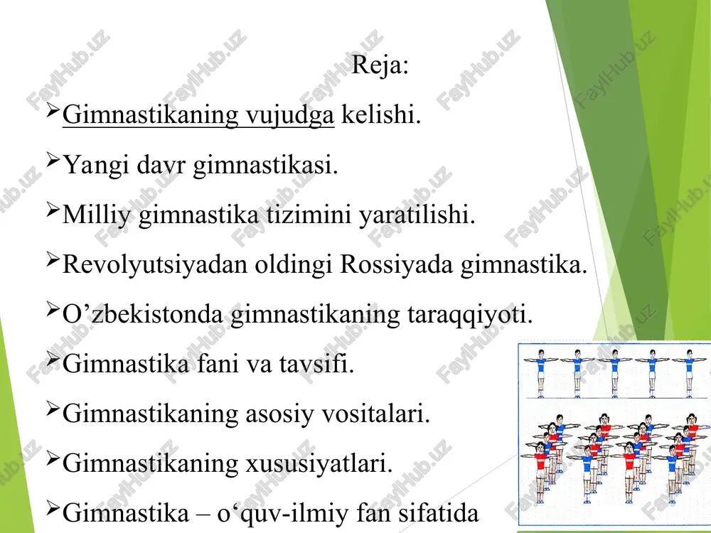 immatli metodik ko'rsatmalar berdiki, ular xanuzchaga axamiyatini yo'qotmagan. xviii asr oxirlariga kelib yangi zamon gimnastikasining nazariy asoslari ko'zga tashlana boshladi. fit ( 1763-1836) guts-mutslar ( 1759-1839 yillar) xviii-xix asrlardagi gimnastika tizimisiga kirgan ayrim mashqlar qadimgi rimda hamda bir qancha g`arbiy evropa mamlakatlaridagi o`rta asrlar-davridayoq harbiya-jismoniy tayyorgarlik ko`rishda qullanilgan edi. yog`och ot (yog`och kon`) da, narvon va raqib qal`alariga hujum qilishni o`rgatishda qullanadigan boshqa inshoatlardagi mashqlar shular jumlasiga kiradi. akrobatik mashqlar va arqon ustidagi mashqlarni darbadarlikda yurgan artistlar namoyish qilardilar. milliy gimnastika tizimlarining vujudga kelishi milliy gimnastika tizimlarining yaratilishi xix asr boshlariga to'g'ri keladi bu ijtimoiy talablar oqibati edi. urush qilish usullari bir vaqtda xarakat qilishni buyruqlarning aniq bajarilishini, jang maydonida saflanishlarni va xaqozolarni talab qilar edi. usha vaqt pedagoglari va vrachlariga gimnastika yoshlarni jismoniy tarbiyalashning birdan-bir to'g'ri metodi bo'lib ko'rinlar xix asrning birinchi yarmiga kelib gimnastika taraqqiyotida uchta yo`nalish ko`zga tashlana boshladi: gigienik yo`nalish (gimnastika odamning salomatligini mustahkamlash va jismoniy …