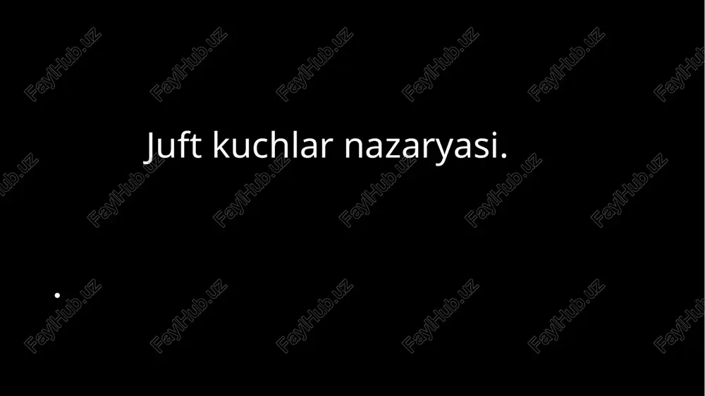 ntining vektori deyiladi. u juft kuch tekislikka perpendikulyar bo’lib uning uchidan qaralganda jism har doim soat strelkasiga yo’nalishda aylanadi. fazoda va tekislikda joylashgan juft kuchlar juft kuch nima-bir jismga moduli teng, yo’nalishi qaramashi va parallel ikkita kuch teng ta’sir etganda hosil bo’lgan mexanik tasir. boshqacha aytganda,juft kuch jismni siljitmaydi,faqat aylantiradi. juft kuchning asosiy xusuiyatilari. juft kuch natijaviy hosil qilmaydi, lekin aylantiruvchi moment hosil qiladi. juft kuchning ta’siri jismni faqat aylanishga majbur qiladi. juft kuchni faqat momenti bilan ifodash mumkin. tekislikda joylashgan juft kuchlar – agar ikkita qarama qarshi yo’nalgan kuch bir tekislikdagi juft kuch deyiladi. masalan: eshikni ochayotgan qolingiz bilan yuqori pastki qismiga qarama qarshi yo’nalishda kuch bersangiz –juft kuch hosil bo’ladi. fazoda joylashgan juft kuchlar – agar juft kuchlar turli tekislikarda joylashgan bo’lsa, u holda ular fazodagi juft kuchlar deyiladi. ularning momenti vector ko’rinishda yoziladi amaliy misolar mashinaning rulini aylantirish –juft kuch bolg’a bn mixni urishdan oldingi burilish eshikni …