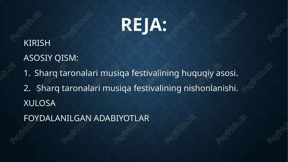 hkamasining yoshlar siyosati, madaniyat, ma’naviyat, ommaviy axborot vositalari, ijodiy va jamoat tashkilotlari masalalari kotibiyatiga yuklansin. o‘zbekiston respublikasining bosh vaziri a. aripov toshkent sh., 2019-yil 25-aprel, 354-son vazirlar mahkamasining 2019-yil 25-apreldagi 354-son qaroriga ilova “sharq taronalari” xalqaro musiqa festivalini o‘tkazish tartibi to‘g‘risida nizom 1-bob. umumiy qoidalar 1. ushbu nizom “sharq taronalari” xalqaro musiqa festivalini (keyingi o‘rinlarda festival deb ataladi) o‘tkazish tartibini belgilaydi. sharq xalqlari musiqa san’atiga, ayniqsa, o‘zbek milliy musiqasiga bo‘lgan qiziqishlarini qanoatlantirish; sharq mamlakatlari musiqa san’atining an’analarini asrash, madaniy muloqotni yanada rivojlantirish, sharq xalqlarining an’anaviy musiqa san’ati sohasidagi ilmiy o‘rganish va izlanishlarni hamkorlikda amalga oshirish, o‘zaro tajriba almashish, davra suhbatlari, taqdimot va mahorat darslarini tashkil etish. 3. festival har ikki yilda bir marta avgust oyining uchinchi o‘n kunligida samarqand shahrida o‘tkaziladi. festivalni o‘tkazishning aniq sanasi va muddati “sharq taronalari” xalqaro musiqa festivaliga tayyorgarlik ko‘rish va uni o‘tkazish bo‘yicha tashkiliy qo‘mita (keyingi o‘rinlarda tashkiliy qo‘mita deb ataladi) tomonidan belgilanadi. 4. festival …