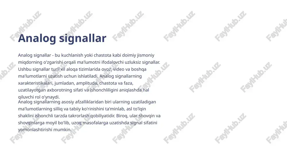 giyalarida mashhur tanlovga aylantiradi. raqamli signallarning asosiy afzalliklaridan biri bu ularning uzoq masofalarga ko'proq ma'lumotni kamroq degradatsiyasi bilan olib o'tish qobiliyatidir, bu ularni internet aloqasi, raqamli televidenie va simsiz aloqa kabi ilovalar uchun mos qiladi. turli xil modulyatsiya usullari va kodlash usullari orqali raqamli signallar turli xil aloqa kanallari bo'ylab ishonchli va samarali ma'lumotlarni uzatishni ta'minlashda hal qiluvchi rol o'ynaydi. 3 asosiy tarmoqli signallari asosiy tarmoqli signallar bitta ma'lumot signalini uzatish uchun aloqa kanalining butun tarmoqli kengligidan foydalanadigan signallarga ishora qiladi. ushbu signallar odatda nol chastotada boshlanadi va raqamli yoki analog ma'lumotlarni uzatish imkonini beruvchi yuqori chastotalarga cho'zilishi mumkin. umumiy tarmoqli kengligini bir nechta kanallarga ajratadigan keng polosali signallardan farqli o'laroq, asosiy tarmoqli signallar bitta ma'lumot oqimi uchun kanalning to'liq quvvatidan foydalanadi. asosiy tarmoqli signalizatsiya odatda mahalliy tarmoqlar (lan) kabi ilovalarda qo'llaniladi, bu erda butun tarmoqli kengligi bitta qurilma yoki uzatishga bag'ishlangan. ushbu turdagi signalizatsiya ethernet tarmoqlarining ishlashi uchun ham …