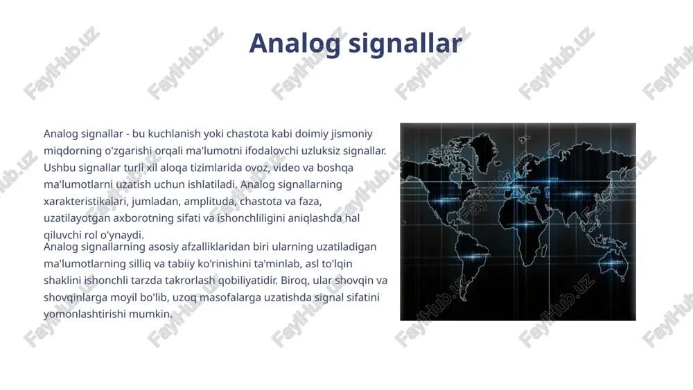 giyalarida mashhur tanlovga aylantiradi. raqamli signallarning asosiy afzalliklaridan biri bu ularning uzoq masofalarga ko'proq ma'lumotni kamroq degradatsiyasi bilan olib o'tish qobiliyatidir, bu ularni internet aloqasi, raqamli televidenie va simsiz aloqa kabi ilovalar uchun mos qiladi. turli xil modulyatsiya usullari va kodlash usullari orqali raqamli signallar turli xil aloqa kanallari bo'ylab ishonchli va samarali ma'lumotlarni uzatishni ta'minlashda hal qiluvchi rol o'ynaydi. 3 asosiy tarmoqli signallari asosiy tarmoqli signallar bitta ma'lumot signalini uzatish uchun aloqa kanalining butun tarmoqli kengligidan foydalanadigan signallarga ishora qiladi. ushbu signallar odatda nol chastotada boshlanadi va raqamli yoki analog ma'lumotlarni uzatish imkonini beruvchi yuqori chastotalarga cho'zilishi mumkin. umumiy tarmoqli kengligini bir nechta kanallarga ajratadigan keng polosali signallardan farqli o'laroq, asosiy tarmoqli signallar bitta ma'lumot oqimi uchun kanalning to'liq quvvatidan foydalanadi. asosiy tarmoqli signalizatsiya odatda mahalliy tarmoqlar (lan) kabi ilovalarda qo'llaniladi, bu erda butun tarmoqli kengligi bitta qurilma yoki uzatishga bag'ishlangan. ushbu turdagi signalizatsiya ethernet tarmoqlarining ishlashi uchun ham …