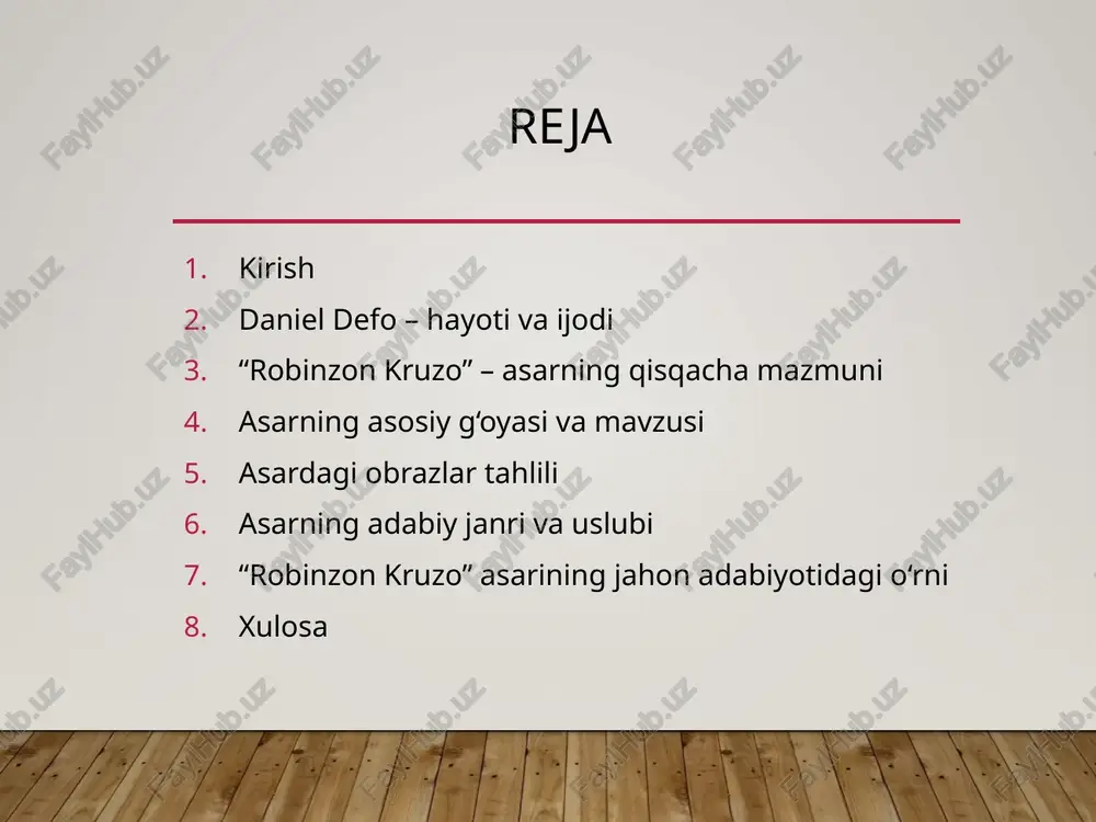 g bosh qahramoni - robinzon kruzo. u aqlli, ixtirochi va mehnatsevar, u jasur, kuchli va qattiq. 6 romon hikoya haqiqiy sarguzashtlarga asoslangan edi. kitob 1719 yilda nashr etilganda, u darhol mashhur bo'ldi. 7 asarning asosiy g‘oyasi va mavzusi inson irodasi va tabiatga moslashuvchanligi – robinzon kruzo qattiq sinovlarga duch keladi, lekin irodasi va tirishqoqligi tufayli hayotga moslashadi. mustaqil hayot va bilimning kuchi – inson tabiat bilan yakka holda ham omon qolishi va mustaqil yashashi mumkinligini ko‘rsatadi. mehnat va sabr-toqatning ahamiyati – qahramon o‘z kuchi bilan orolda yashash uchun sharoit yaratadi, mehnat evaziga hayotini yaxshilaydi. jamiyat va yolg‘izlik muammosi – inson tabiatan ijtimoiy mavjudot ekani va yolg‘izlikdan aziyat chekishini aks ettiradi. sivilizatsiya va yovvoyilik o‘rtasidagi farqlar – robinzon kruzo va juma obrazlari orqali madaniyat va sivilizatsiya bilan yovvoyilikning o‘zaro ta’siri ko‘rsatiladi. robinzon kruzo yosh va hayajonli sargardon sifatida ota-onasiga qarshi chiqdi va dengizga ketdi. u dengizda bir qator shiddatli bo'ronlarda ishtirok …