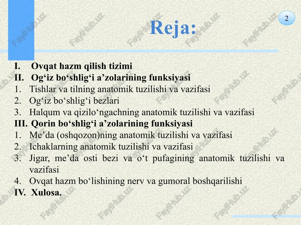 tish va uchtasi katta oziq tishlardir. doimiy tishlarning 28 tasi 12-14 yoshgacha chiqadi. 4 tasi, ya'ni yuqori va pastki jag'lardagi oxirgi katta oziq tishlar (aql tishlar) 18 yoshdan keyin chiqadi. 8 tish uch qismdan iborat: tish toji (koronka), bo'yni va ildizi. tishning ko'rinib turgan tashqi qismi koronka deb atalib, u oq emal moddasi bilan qoplangan. bu modda tishga qattiqlik xususiyatini beradi. tishning milk bilan birikkan joyi uning bo'yin qismi deb ataladi. tishning ildiz qismi jag' suyaklariga birikkan bo'ladi. tishning ichki qismida bo'shliq bo'lib, u yerda qon tomirlari va nerv tolalari joylashgan. 9 10 og‘iz bo‘shlig‘i bezlariga (glandulae oris) naychalari og‘iz bo‘shlig‘iga ochiladigan katta va kichik so‘lak bezlari kiradi. kichik so‘lak bezlari og‘iz bo‘shlig‘i shilliq pardasida yoki shilliq osti asosida joylashib kattaligi 1-5 mm bo‘ladi. joylashgan joyiga qarab lab bezlari (glandulae labiales), lunj bezlari (glandulae buccales), tanglay bezlari (glandulae palatinae) va til bezlari (glandulae linguales) tafovut qilinadi. ishlab chiqargan suyuqligi tarkibiga …