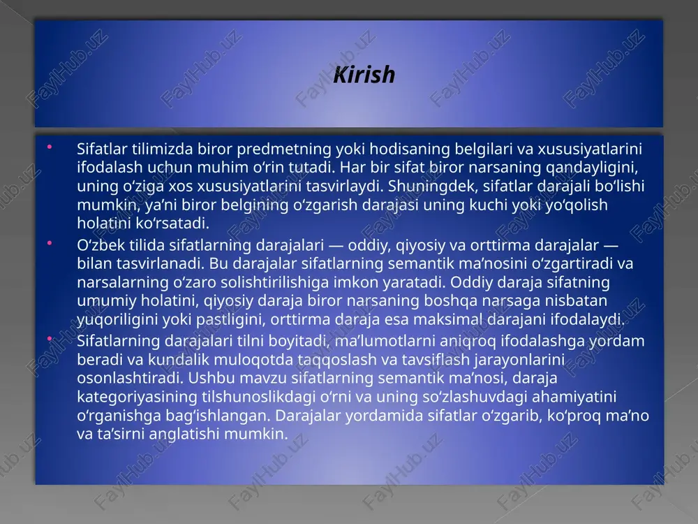 ta, nihoyatda yaxshi, o‘ta chiroyli, katta-katta. oddiy daraja oddiy daraja – sifatning boshlang‘ich shaklda, hech qanday o‘zgarishsiz ifodalanishidir. bu darajada sifat faqat biror narsaning belgisini aniq bildiradi, lekin boshqa narsalar bilan taqqoslanmaydi yoki kuchaytirilmaydi. misollar: yaxshi (oddiy holat: hech qanday taqqoslash yoki kuchaytirish yo‘q) katta (fakt sifatida kattalikni bildiradi) tez (harakat yoki hodisaning oddiy tezligini ifodalaydi) chiroyli (hech qanday qiyosiy yoki orttirma mazmun bermaydi) oddiy darajaning xususiyatlari: sifatning asl, o‘zgartirilmagan shakli. taqqoslash yoki orttirma mazmun yo‘q. har bir sifat dastlab oddiy darajada bo‘ladi. oddiy daraja odatda o‘z-o‘zidan tushunarli va boshqa narsa bilan qiyoslash yoki kuchaytirishni talab qilmaydi. bu daraja nutqda kundalik ma’noni yetkazish uchun ishlatiladi. qiyosiy daraja – biror narsaning belgisini boshqa narsaga nisbatan yuqoriroq yoki pastroq ekanini ko‘rsatadi. bu daraja taqqoslash ma'nosini beradi va sifatning nisbiy ko‘rsatkichini ifodalaydi. qiyosiy daraja yasash usullari: qo‘shimchalar yordamida: -roq/-roqdir: masalan, chiroyliroq, yaxshiroq, tezroq. so‘zlar yordamida: ko‘proq, kamroq: masalan, ko‘proq foydali, kamroq zarur. qiyosiy …