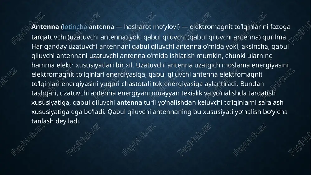 uchiga oʻtkazgich yoki priyomnikdan keladigan fider liniyasi ulanadi. oʻtkazgichning uzunligi uzatilayotgan radiotoʻlqinlar uzunligining yarmiga (oʻlcham yarim toʻlqin uzunligiga) teng boʻlgan vibratorlar antenna texnikasida koʻp ishlatiladi. simmetrikmas vibrator faqat bitta oʻtkazgichdan iborat. shuning uchun fider liniyasining ikkinchi uchi yerga ulanishi kerak. koʻrsatkichlari: yoʻnalganlik diagrammasi, kuchaytirish koeffitsiyenti, tarqatilgan toʻlqinlarning qutb tekisligi, f.i.k., taʼsir balandligi va hokazo tuzilishiga koʻra, antennalar gorizontal, vertikal, magnitli, qiya, rombsimon, parabolik, dielektrikli va hokazo xillarga boʻlinadi. olisdagi stansiyalardan signallarni qabul qilishda va uzatishda gorizontal hamda vertikal antennadan, kichik („choʻntak“) va koʻtarib yuriladigan radiopriyomniklarda signallarni qabul qilishda magnitli antennadan foydalaniladi. magnitli antenna radiotoʻlqinlarning magnitli tashkil etuvchilarini yaxshi sezadi. bunday antenna magnit material (ferrit) dan yasalgan sterjendan iborat boʻlib, unga priyomnik tebra-nish konturining induktivlik gʻaltagi oʻrnatilgan. ultra qisqa toʻlqinlarda ancha murakkab yoʻnaltirilgan antennadan foydalaniladi. ular metall sterjenlarga simmetrik mahkamlanib botiq koʻzgular koʻrinishida yasaladi. qisqa toʻlqin tarqatuvchi va qabul qiluvchi eng sodda antenna oʻlchami yarim to'lqin uzunligiga teng simmetrik vibratordir. vibrator …