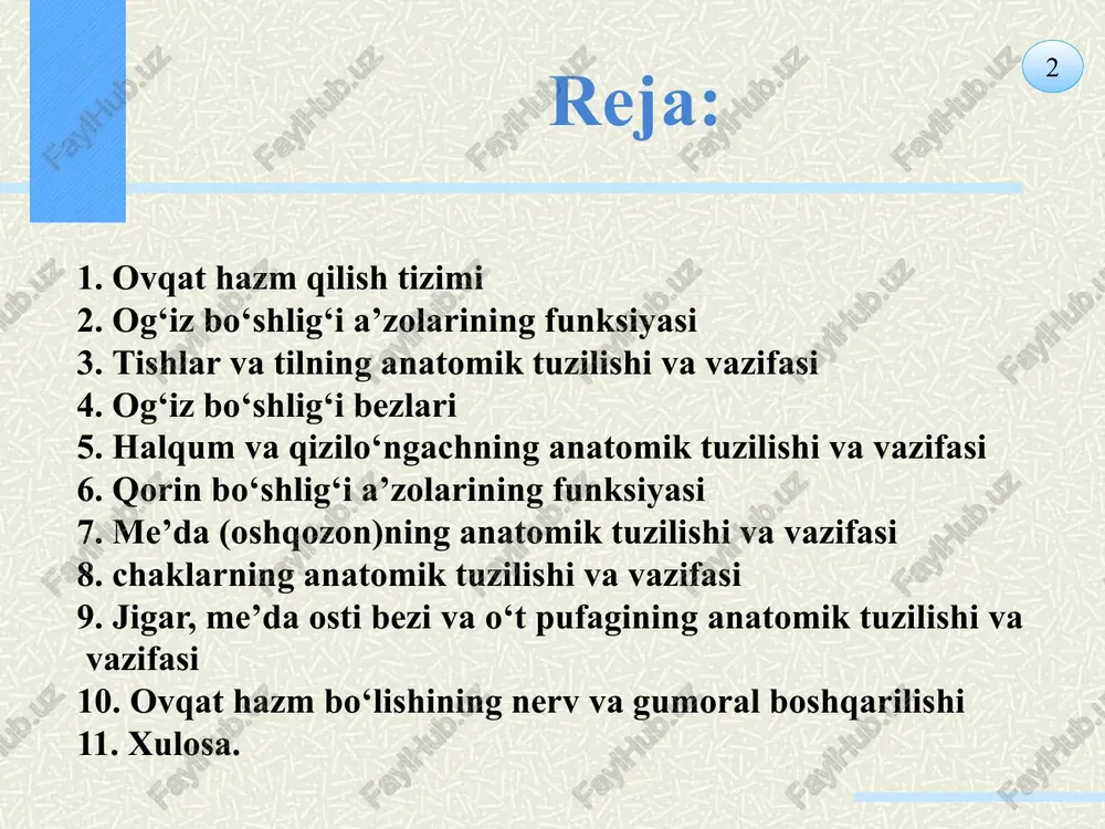 ingi 2 tasi kesuvchi (kurak), bittasi qoziq, ikkitasi kichik oziq tish va uchtasi katta oziq tishlardir. doimiy tishlarning 28 tasi 12-14 yoshgacha chiqadi. 4 tasi, ya'ni yuqori va pastki jag'lardagi oxirgi katta oziq tishlar (aql tishlar) 18 yoshdan keyin chiqadi. 8 tish uch qismdan iborat: tish toji (koronka), bo'yni va ildizi. tishning ko'rinib turgan tashqi qismi koronka deb atalib, u oq emal moddasi bilan qoplangan. bu modda tishga qattiqlik xususiyatini beradi. tishning milk bilan birikkan joyi uning bo'yin qismi deb ataladi. tishning ildiz qismi jag' suyaklariga birikkan bo'ladi. tishning ichki qismida bo'shliq bo'lib, u yerda qon tomirlari va nerv tolalari joylashgan. 9 10 og‘iz bo‘shlig‘i bezlariga (glandulae oris) naychalari og‘iz bo‘shlig‘iga ochiladigan katta va kichik so‘lak bezlari kiradi. kichik so‘lak bezlari og‘iz bo‘shlig‘i shilliq pardasida yoki shilliq osti asosida joylashib kattaligi 1-5 mm bo‘ladi. joylashgan joyiga qarab lab bezlari (glandulae labiales), lunj bezlari (glandulae buccales), tanglay bezlari (glandulae palatinae) va …