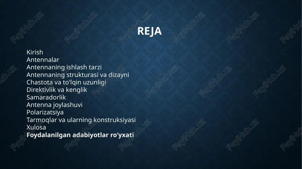 diolokatsiya va radiotelemexanika antennalari; d) radioastronomiya antennasi. bu antennalarning tuzilishi bir-biridan farq qilishiga qaramay, barchasida simmetrik yoki simmetrikmas vibrator boʻladi. simmetrik vibrator oʻzaro teng ikkita oʻtkazgich boʻlib, ularning bir uchiga oʻtkazgich yoki priyomnikdan keladigan fider liniyasi ulanadi. oʻtkazgichning uzunligi uzatilayotgan radiotoʻlqinlar uzunligining yarmiga (oʻlcham yarim toʻlqin uzunligiga) teng boʻlgan vibratorlar antenna texnikasida koʻp ishlatiladi. simmetrikmas vibrator faqat bitta oʻtkazgichdan iborat. shuning uchun fider liniyasining ikkinchi uchi yerga ulanishi kerak. koʻrsatkichlari: yoʻnalganlik diagrammasi, kuchaytirish koeffitsiyenti, tarqatilgan toʻlqinlarning qutb tekisligi, f.i.k., taʼsir balandligi va hokazo tuzilishiga koʻra, antennalar gorizontal, vertikal, magnitli, qiya, rombsimon, parabolik, dielektrikli va hokazo xillarga boʻlinadi. olisdagi stansiyalardan signallarni qabul qilishda va uzatishda gorizontal hamda vertikal antennadan, kichik („choʻntak“) va koʻtarib yuriladigan radiopriyomniklarda signallarni qabul qilishda magnitli antennadan foydalaniladi. magnitli antenna radiotoʻlqinlarning magnitli tashkil etuvchilarini yaxshi sezadi. bunday antenna magnit material (ferrit) dan yasalgan sterjendan iborat boʻlib, unga priyomnik tebra-nish konturining induktivlik gʻaltagi oʻrnatilgan. ultra qisqa toʻlqinlarda ancha murakkab …