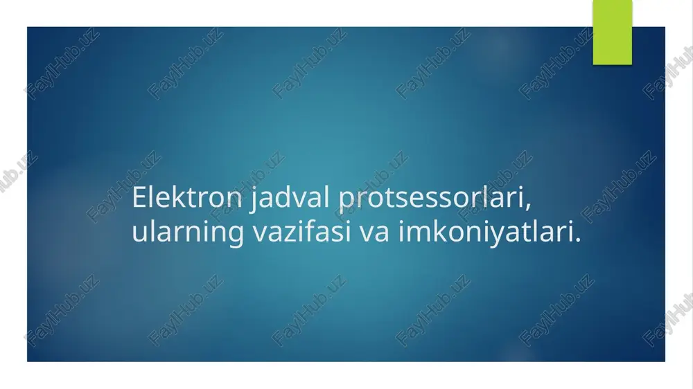 larni tartibga solish va saqlashga imkon beradi, bu esa foydalanuvchilarga osonlik bilan ma'lumotlar bilan ishlash imkonini yaratadi. hisob-kitob funksiyalari ushbu dasturlar matematik formulalar va hisob-kitoblar orqali tez va aniq natijalar olish imkonini beradi, bu esa foydalanuvchilarga vaqtni tejaydi. ma'lumotlarni tahlil qilish elektron jadval protsessorlari murakkab ma'lumotlar tahlilini osonlashtiradi, grafik va diagrammalar orqali ma'lumotlarni vizual ko'rsatish imkoniyatini taqdim etadi. elektron jadval protsessorlari va ma'lumotlar tahlilining o'zaro aloqasi. 01 elektron jadval va tahlil elektron jadval protsessorlari ma'lumotlarni tahlil qilishda muhim vosita bo'lib, katta hajmdagi ma'lumotlarni tez va samarali qayta ishlash imkonini beradi. 02 ma'lumotlarni yig'ish elektron jadval dasturlari, masalan, excel, foydalanuvchilarga ma'lumotlarni tez yig'ish va tartiblash imkoniyatini taqdim etadi, bu esa tahlil jarayonini osonlashtiradi. 03 formulalar va funksiyalar tahlil jarayonida formulalar va funksiyalar muhim rol o'ynaydi, ular ma'lumotlarni avtomatik ravishda hisoblash va natijalarni tezda ko'rsatishga yordam beradi. 04 grafiklar va vizualizatsiya ma'lumotlarni grafik va diagrammalar yordamida vizualizatsiya qilish, tahlil natijalarini yanada tushunarli …