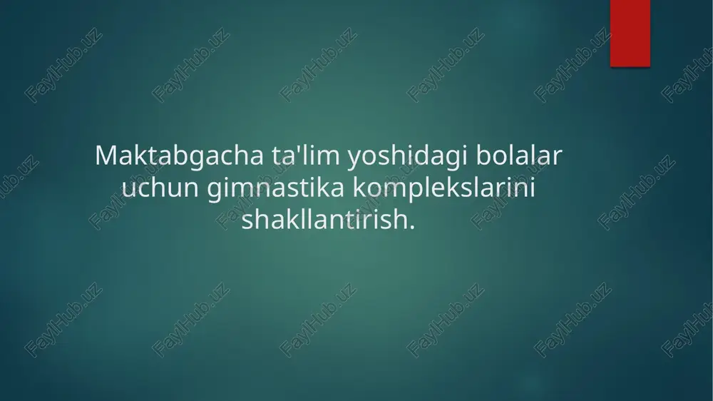 mnastika bolalarning jismoniy faolligini oshiradi, mushak kuchini va chidamliligini rivojlantiradi, bu esa ularning umumiy salomatligi uchun muhimdir. 2 muvozanat va koordinatsiya - gimnastika orqali bolalar muvozanat va koordinatsiya ko'nikmalarini o'rganadilar, bu esa kundalik faoliyatlarda va sportda muvaffaqiyatli bo'lishlariga yordam beradi. 3 ijtimoiy rivojlanish - gimnastikada ishtirok etish bolalarda ijtimoiy ko'nikmalarni rivojlantiradi, guruhda ishlash va do'stlikni o'rnatishga yordam beradi, bu esa ularga hayotda muvaffaqiyat keltiradi. maktabgacha yoshdagi bolalar uchun gimnastika mashg'ulotlari. gimnastikaning maqsadi maktabgacha yoshdagi bolalar uchun gimnastika mashg'ulotlari, ularning jismoniy rivojlanishini yaxshilash va muvozanatni oshirishga qaratilgan. mashg'ulotlar turlari bolalar uchun mo'ljallangan gimnastika mashg'ulotlari qatoriga akrobatika, raqs, va oddiy harakatlar kiradi. har bir mashg'ulot bolalarning qobiliyatlariga mos ravishda tanlanadi. foydali ta'sir gimnastika mashg'ulotlari bolalarning ijtimoiy ko'nikmalarini rivojlantiradi, jamoaviy ishlash qobiliyatini oshiradi va o'z-o'ziga ishonchni mustahkamlaydi. sport va madaniyat: gimnastikaning ta'lim jarayonidagi roli. 1 sport va madaniyat - sport va madaniyat o'rtasidagi bog'lanish, bolalarda jismoniy tarbiya va madaniy qadriyatlarni rivojlantirishda muhim rol …