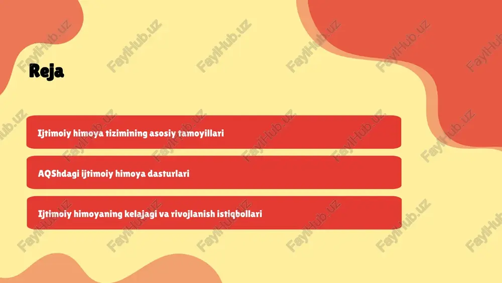 r yaratadi va ijtimoiy farovonlikni oshiradi. 3. o'zgaruvchan ijtimoiy sharoitlarga moslashuv: ijtimoiy himoya tizimi o'zgaruvchan sharoitlarga moslashishga yordam beradi, bu esa aholi ehtiyojlariga tezkor javob berishga imkon yaratadi. ijtimoiy himoya tizimida ishtirok etuvchi tashkilotlar ijtimoiy himoya tizimida ishtirok etuvchi uchta asosiy tashkilot mavjud: 1. **davlat organlari**: ular ijtimoiy himoya siyosatlarini ishlab chiqadi va amalga oshiradi. ularning asosiy vazifalari – qonunchilikni talab qilish, ijtimoiy dasturlarni moliyalashtirish va amalga oshirish. 2. **nodavlat tashkilotlari**: bu tashkilotlar aholini qo‘llab-quvvatlash uchun xizmatlar ko‘rsatadi. ular ijtimoiy yordam, gumanitar yordam va boshqa ijtimoiy xizmatlar bilan shug‘ullanadi, hamda jamiyatdagi muammolarni hal qilishga yordam beradi. 3. **xususiy sektor**: xususiy sektor ijtimoiy himoyaga hissa qo‘shadi, ish o‘rinlari yaratish va iqtisodiy rivojlanishga yordam berish orqali. ular shuningdek, ijtimoiy mas'uliyat dasturlarini amalga oshiradi. ijtimoiy himoya tizimining kelajagi va rivojlanishi innovatsion yondashuvlar ijtimoiy himoya tizimini takomillashtirishda muhim ahamiyatga ega. yangi texnologiyalar va metodlarni qo'llash, masalan, ma'lumotlar tahlili va sun'iy intellekt, resurslarni yanada samarali …