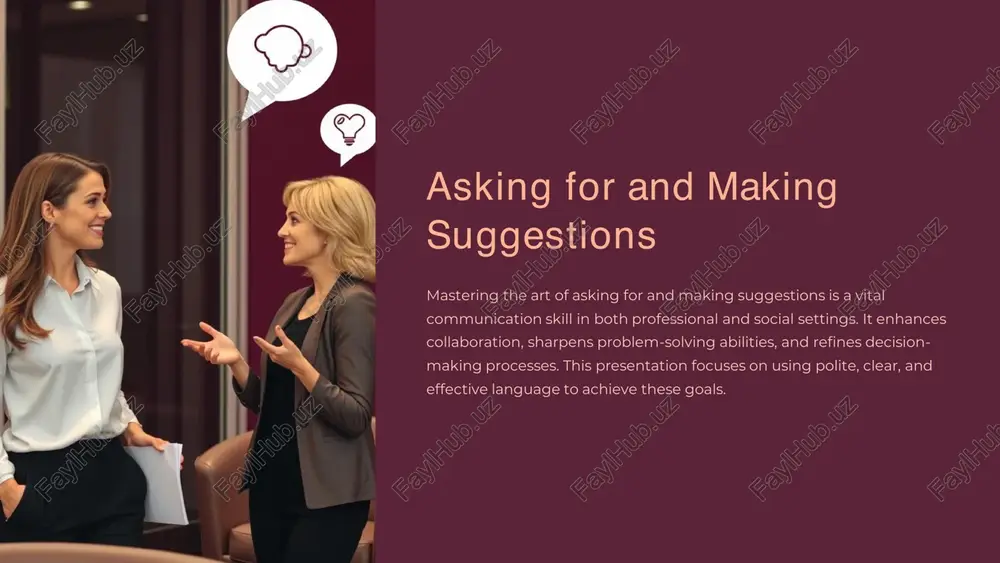 opting polite phrasing is crucial for fostering an inclusive and collaborative environment. this not only encourages participation but also demonstrates respect for their expertise and perspectives. using phrases that convey deference and openness can significantly increase the quality and quantity of suggestions you receive, making discussions more productive and decisions more well-rounded. what do you think about...? do you have any ideas on...? could you suggest a way to...? i’d appreciate your input on... would you mind sharing your thoughts? https://gamma.app/?utm_source=made-with-gamma https://gamma.app/?utm_source=made-with-gamma making suggestions effectively be clear and concise present your ideas simply, avoiding jargon or unnecessary details. use positive, non-imposing language frame suggestions as options or possibilities rather than demands, fostering openness. provide reasons or benefits explain the "why" behind your suggestion to help others understand its value. tailor to audience/context adapt your suggestion and language to fit the specific situation and those you're addressing. https://gamma.app/?utm_source=made-with-gamma https://gamma.app/?utm_source=made-with-gamma asking for …
