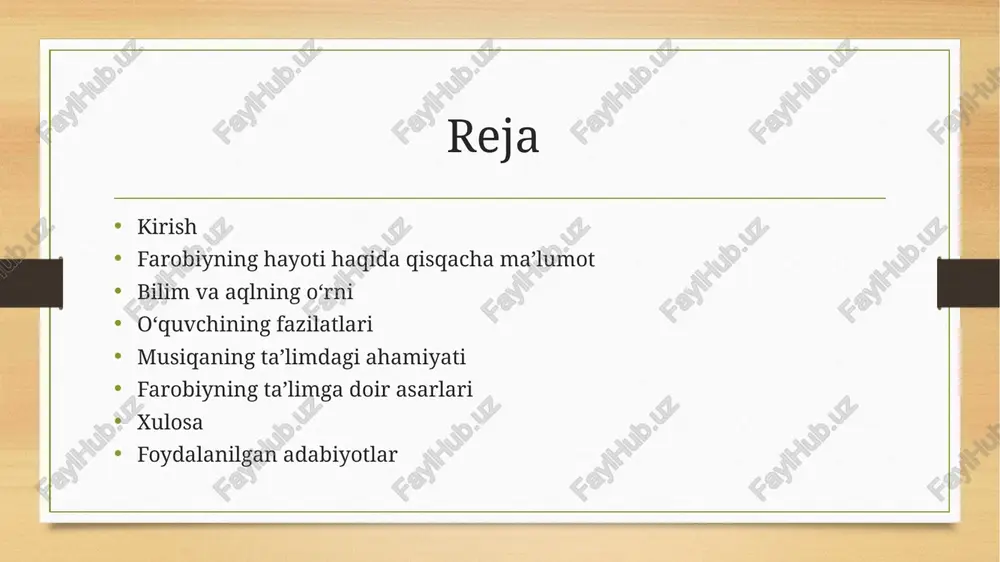 r. sharq va g‘arb tamadduniga katta ta’sir ko‘rsatgan. vafoti: 950-yilda damashq shahrida vafot etgan. farobiy butun hayoti davomida inson tafakkuri, ta’lim va jamiyat rivoji haqida chuqur mulohazalar yuritib, hozirgi pedagogika, falsafa va siyosatshunoslik fanlariga katta hissa qo‘shgan. farobiyning ilmiy faoliyati farobiy falsafa, mantiq, matematika, musiqa, tibbiyot va pedagogika sohalarida izlanishlar olib borgan. u arastu ta’limotini rivojlantirib, "ikkinchi muallim" deb atalgan. mantiq fanini chuqur o‘rganib, uni tasavvuriy va tasdiqiy qismlarga ajratgan. "musiqa haqida katta kitob" asarida musiqa nazariyasini bayon qilgan. pedagogik qarashlarida ilm va axloq uyg‘unligi muhimligini ta’kidlagan. uning 160 dan ortiq asarlari ilm-fan taraqqiyotiga katta hissa qo‘shgan. farobiyning pedagogik qarashlari haqida umumiy tushuncha farobiy ta’lim va tarbiyani inson kamoloti va jamiyat rivojining asosiy omili deb bilgan. unga ko‘ra: ilm-fan va axloq uyg‘un bo‘lishi kerak. ta’lim insonni mukammallikka yetaklaydi. o‘qituvchi bilimli va axloqiy jihatdan ibratli bo‘lishi lozim. yaxshi jamiyat qurish uchun to‘g‘ri ta’lim va tarbiya zarur. farobiyning pedagogik qarashlari bugungi ta’lim …