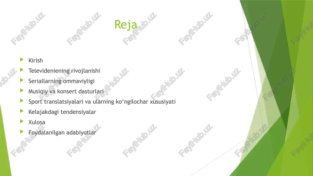 alari – futbol, basketbol va boshqa musobaqalarning jonli efiri. har bir janr turli auditoriyaga mo‘ljallangan bo‘lib, zamonaviy texnologiyalar orqali yanada takomillashib bormoqda. seriallarning ommaviyligi 📺 seriallar – bugungi kunda eng mashhur ko‘ngilochar kontentlardan biri bo‘lib, dunyo bo‘ylab millionlab tomoshabinlarga ega. 🔹 nima uchun seriallar ommabop? ✅ uzoq davom etuvchi syujet va qiziqarli voqealar rivoji. ✅ personajlarga bog‘lanish va ularning hayotini kuzatish imkoni. ✅ har xil janrlardagi (drama, komediya, fantastika) keng tanlov. 🌍 global trendlar: aqsh va yevropa seriallari (netflix, hbo). turkiya va koreya seriallari xalqaro miqyosda ommalashmoqda. o‘zbek seriallari ham tobora mashhurlashib bormoqda. seriallar hozirda an’anaviy televideniedan tashqari, striming platformalar orqali ham keng tarqalmoqda. realiti-shoular va ularning ta’siri 🎥 realiti-shoular – haqiqiy odamlar ishtirokidagi ko‘rsatuvlar bo‘lib, unda musobaqalar, ijtimoiy tajribalar va hayotiy voqealar aks etadi. 🔹 nima uchun ommabop? ✅ haqiqiy emotsiyalar va kutilmagan voqealar. ✅ tomoshabinlar ishtirokchilarga hamdard bo‘lishi. ✅ g‘oliblik yoki muvaffaqiyatsizlikning jonli ifodasi. ⚡ ta’siri: ijobiy: motivatsiya, …