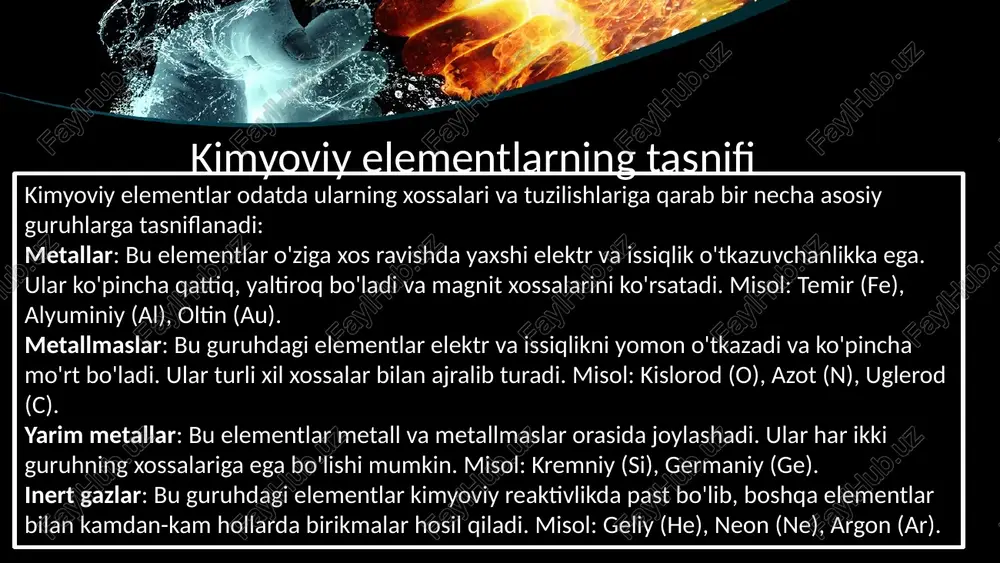 : yashash muhitida eng ko'p uchraydigan elementlar uglerod (c), kislorod (o), vodorod (h) va azot (n) bo'lib, ular tirik organizmlarning asosiy komponentlari hisoblanadi. kimyoviy elementlarning tarqalishi this presentation uses a free template provided by fppt.com www.free-power-point-templates.com yer qobig'i yer qobig'ida kislorod (o) va kremniy (si) kabi elementlar eng keng tarqalgan bo'lib, ular birgalikda silikatlar deb ataladigan birikmalarni hosil qiladi. bu birikmalar yer po'stining katta qismini tashkil qiladi. shuningdek: kislorod (o): yer qobig'ining taxminan 46% qismini tashkil qiladi va boshqa elementlar bilan birikmalarda uchraydi. kremniy (si): yer qobig'ining 27,7% qismini tashkil qiladi. kremniy dioksidi (sio2) yoki kvarts kabi minerallarda uchraydi. alyuminiy (al): 8% atrofida tarqalgan bo'lib, u asosan boksit rudasi shaklida uchraydi. temir (fe): yer qobig'ining 5% qismini tashkil qiladi va metallurgiya uchun muhim rudalarning tarkibida mavjud. bu elementlar ko'pincha toshlar va minerallar shaklida uchraydi va yer po'stidagi tog' jinslarining asosiy qismini tashkil qiladi. this presentation uses a free template provided …