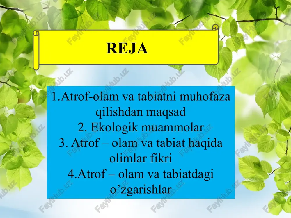 al qilinmasa muayyan hududga ekologik halokat xavfini olib keladi.ekologik muammo deganda insonning tabiatga ta’siri bilan bog’liq holda tabiatning ham insoniyatga aks ta’siri tushuniladi ekologik muammolar t/r global (umumbashariy) regional (mintaqaviy) lokal (mahalliy) 1 chuchuk suv muammosi orol va orolbo’yi muammosi har qanday hududda yuzaga kelgan muammolar 2 ozon qatlamining siyraklashishi chuchuk suv muammosi masalan: toshkent shahrida havo avtotransport bilan ifloslanish 3 tmosferaning “dimiqish”i cho’llanish jarayoni 4 pestitsidlardan foydalanish o’simlik va hayvon turlari sonining qisqarishi 5 o’simlik va hayvon turlari sonining qisqarishi pestitsidlardan foydalanish 6 aholi sonining ortishi radioaktiv ifloslanish 7 cho’llanish jarayoni kosmonavtika 8 chiqindilar 1859 yil ch. darvin “tabiiy tanlanish yo`li bilan turlarning kelib chiqishi” asarida tabiatdagi yashash uchun kurash ya’ni tur bilan muhit o’rtasidagi har qanday qarama-qarshiliklarning ko’rinishlari tabiiy tanlanishga olib keladi va evolyutsiyaning harakatlantiruvchi kuchidir deb qaraydi. xix asrning ikkinchi yarmida ekologiya fani o`simliklar hayvonlarning iqlim omillariga moslashishnni o`rgandi. a.n. beketov (1825-1902) o`simliklar ichki va tashqi tuzilishidagi …