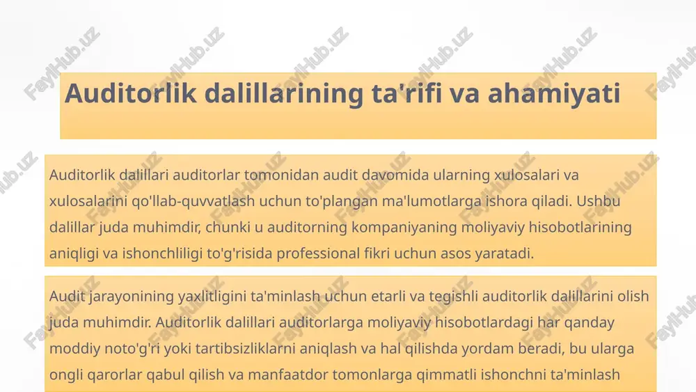 ni olish 1 tekshirish ishonchli auditorlik dalillarini to'plash uchun yozuvlar, hujjatlar yoki moddiy boyliklarni jismoniy tekshirish. 2 kuzatish auditorlik da'volarini tasdiqlash uchun mijoz tomonidan amalga oshirilayotgan jarayon yoki protsedurani tomosha qilish. 3 so'rov auditorlik dalillarini olish uchun tashkilot ichida yoki tashqarisida bilimdon shaxslardan ma'lumot olish. 5 auditorlik dalillarining etarliligi va maqsadga muvofiqligini baholash auditorlik dalillarining etarliligi va maqsadga muvofiqligini baholash audit jarayonidagi muhim qadamdir. auditorlar to'plangan dalillar ularning xulosalari va fikrlarini tasdiqlash uchun etarli yoki yo'qligini baholashlari kerak. asosiy fikrlarga dalillarning ishonchliligi, dolzarbligi va ishonuvchanligi kiradi. auditorlar, shuningdek, ularning topilmalari uchun har tomonlama asos bo'lishini ta'minlash uchun to'plangan dalillarni baholashlari kerak. 6 auditorlik dalillarini hujjatlashtirish keng qamrovli hujjatlar auditorlar audit jarayonida to'plangan barcha dalillarni, shu jumladan intervyular, kuzatuvlar va moliyaviy yozuvlar va boshqa ma'lumotlarni tahlil qilishni yaxshilab hujjatlashtirishlari kerak. batafsil eslatmalar va yozuvlar batafsil eslatmalar, ish qog'ozlari va yozuvlar aniq auditorlik izini beradi va agar kerak bo'lsa, dalillarni boshqalar tomonidan …