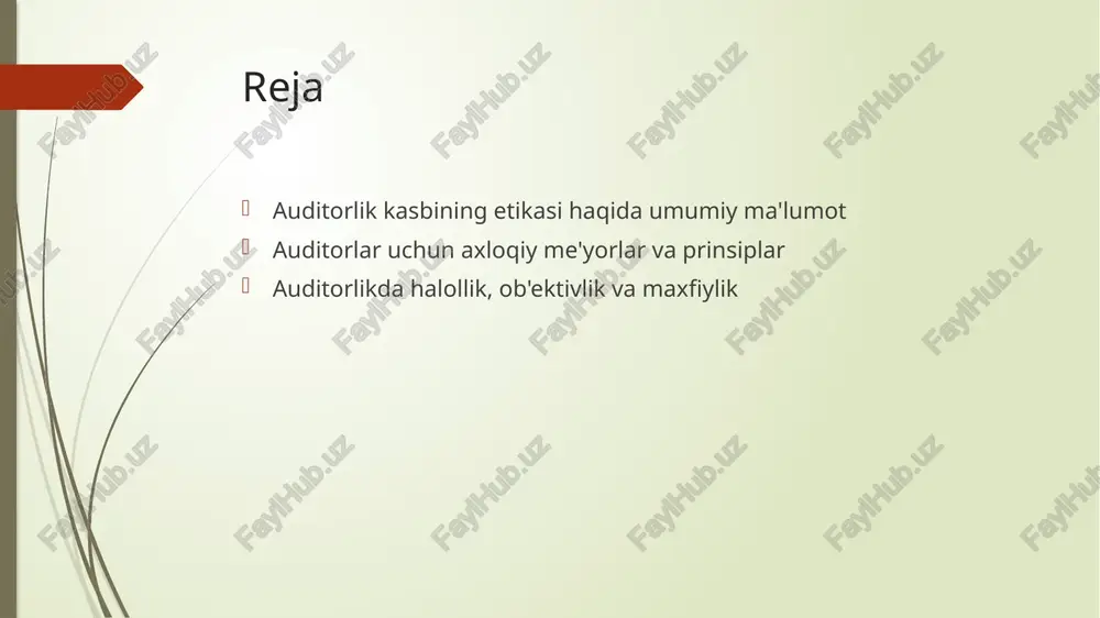 raf etish muhimdir. 3 halollik va ishonch auditorlar o'z halolliklarini saqlab qolsa, mijozlar va jamiyatda ishonchni oshiradi. bu esa auditorlik kasbining obro'sini mustahkamlaydi. auditorlikda ob'ektivlik: muhim jihatlar va tavsiyalar. 01 auditorlikda ob'ektivlikning ahamiyati auditorlikda ob'ektivlik, audit jarayonining ishonchliligini ta'minlaydi. bu tamoyil auditorning xulq-atvori va qarorlarida adolatli bo'lishini ta'minlaydi. 02 ob'ektivlikni ta'minlash usullari auditorlar ob'ektivlikni saqlash uchun mustaqil fikrlash, to'g'ri ma'lumotlarni yig'ish va har qanday qiziqishlarni chetga surishlari kerak. 03 ob'ektivlik va auditorlik kasbi auditorlik kasbida ob'ektivlik, auditorlar o'z vazifalarini bajarishda etika me'yorlariga rioya qilinishini anglatadi, bu esa ishonchni oshiradi. auditorlik kasbining axloqiy me'yorlari: asosiy tushunchalar va ahamiyati. 1 auditorlikning mohiyati - auditorlik kasbining axloqiy me'yorlari, auditorlarning professional faoliyatida halollik, ob'ektivlik va maxfiylikni ta'minlashga xizmat qiladi. 2 axloqiy me'yorlar - auditorlikda axloqiy me'yorlar auditorlarning ish faoliyatida to'g'rilik va ishonchlilikni ta'minlaydi, bu esa auditorlik hisobotlarining yuksak sifatini kafolatlaydi. 3 axloqiy mas'uliyat - auditorlar axloqiy mas'uliyatni his etishlari lozim, chunki ularning qarorlari moliyaviy …