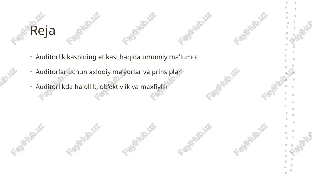 auditorlik kasbining obro'sini mustahkamlaydi. auditorlikda ob'ektivlik: muhim jihatlar va tavsiyalar. 01 auditorlikda ob'ektivlikning ahamiyati auditorlikda ob'ektivlik, audit jarayonining ishonchliligini ta'minlaydi. bu tamoyil auditorning xulq-atvori va qarorlarida adolatli bo'lishini ta'minlaydi. 02 ob'ektivlikni ta'minlash usullari auditorlar ob'ektivlikni saqlash uchun mustaqil fikrlash, to'g'ri ma'lumotlarni yig'ish va har qanday qiziqishlarni chetga surishlari kerak. 03 ob'ektivlik va auditorlik kasbi auditorlik kasbida ob'ektivlik, auditorlar o'z vazifalarini bajarishda etika me'yorlariga rioya qilinishini anglatadi, bu esa ishonchni oshiradi. auditorlikda maxfiylik: axloqiy masalalar va yechimlar. auditorlikda maxfiylik axloqiy masalalari auditorlarning mijoz ma'lumotlarini himoya qilish zarurligini ta'kidlaydi. maxfiylikni ta'minlash uchun quyidagi tamoyillar muhimdir: 1) mijoz ma'lumotlarini oshkor qilmaslik; 2) o'zgaruvchan qonunlarga rioya qilish; 3) auditorlik faoliyatida mustaqillikni saqlash. photo by jon moore on unsplash auditorlik kasbining axloqiy me'yorlari: asosiy tushunchalar va ahamiyati. 1 auditorlikning mohiyati - auditorlik kasbining axloqiy me'yorlari, auditorlarning professional faoliyatida halollik, ob'ektivlik va maxfiylikni ta'minlashga xizmat qiladi. 2 axloqiy me'yorlar - auditorlikda axloqiy me'yorlar auditorlarning ish faoliyatida …