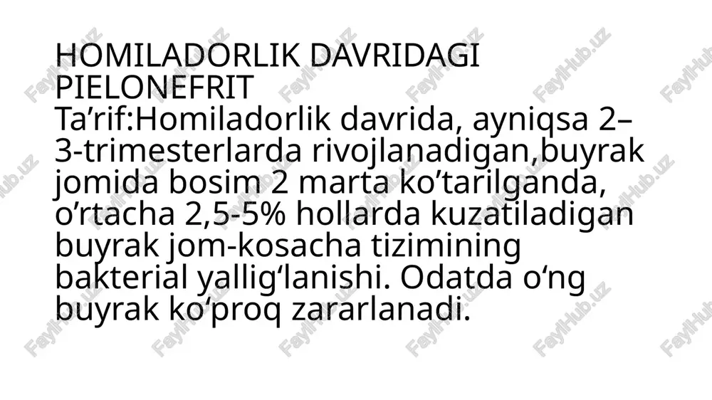 chandiqlanishi • xronik pielonefritga o‘tish • prematur tug‘ruq • homila distresi • septik shok • agar obstruksiya yoki javob bo‘lmasa: • nefrostoma qo‘yish • ureteral stent (jj-stent) • buyrak absessi bo‘lsa — drenaj image1.png image2.png image3.jpeg /docprops/thumbnail.jpeg