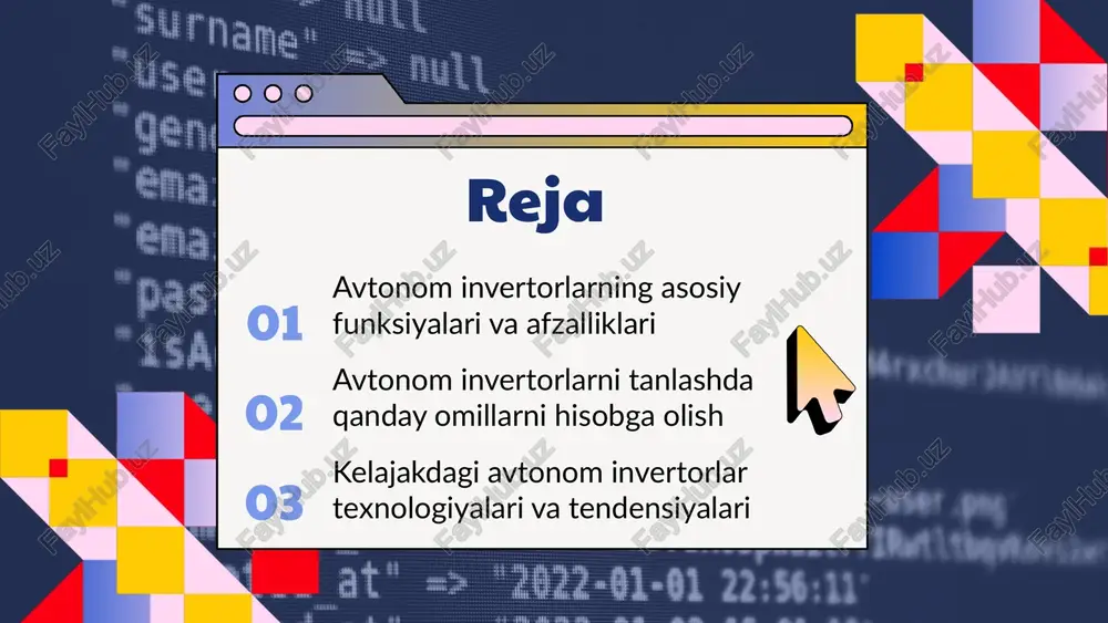 jatlarini sezilarli darajada kamaytiradi. texnik xarakteristikalar avtonom invertorlar yuqori samaradorlikka ega bo'lib, energiyaning o'zgaruvchan talablarini qondirish uchun moslashtirilishi mumkin. ular turli o'lchov va quvvat variantlarida mavjud bo'lib, turli xil ilovalar uchun ishlatilishi mumkin. 01 02 03 04 avtonom invertorlarning ishlash prinsiplari quyosh energiyasini olish avtonom invertorlar quyosh panellari orqali quyosh energiyasini to'g'ridan-to'g'ri olishadi. ushbu jarayonda quyosh batareyalari quyosh nurlari energiyasini to'playdi va uni saqlash uchun tayyorlaydi. bu energiya keyinchalik invertor orqali o'zgaruvchan oqimga aylantiriladi. energiyani saqlash quyosh energiyasi saqlanadigan batareyalarda yig'iladi. bu batareyalar, energiya talabining o'zgaruvchanligini hisobga olib, energiyani taqdim etishga tayyorgarlik ko'rish uchun zarur. saqlangan energiya, keyinchalik, uzoq muddatli foydalanish uchun tayyor bo'ladi. energiyani aylantirish inverterlar yig'ilgan to'g'ridan-to'g'ri oqimni (dc) o'zgaruvchan oqimga (ac) aylantiradi. bu jarayon energiyani foydalanish uchun tayyorlaydi, masalan, elektr uskunalarini ishlatish uchun zarur bo'lgan oqim turidir. 02 01 03 avtonom invertorlar va ularning qo'llanishi avtonom invertorlar quyidagi sohalarda keng qo'llaniladi: 1. **uy energiya ta'minoti**: avtonom invertorlar …
