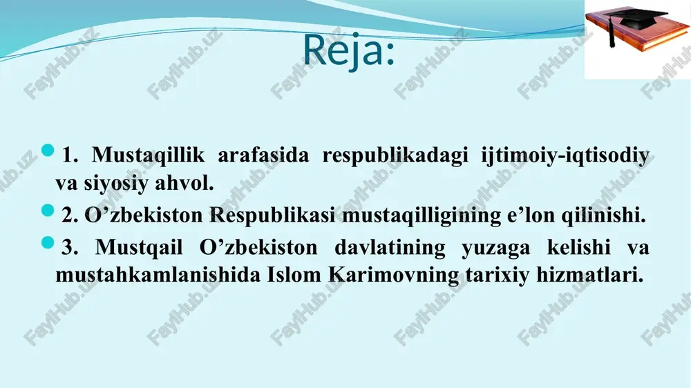 , haqiqiy mustaqillikka erishish yo‘lida muhim ahamiyatga ega bo‘ldi. shundan e’tiboran mamlakatimizning siyosiy, iqtisodiy va ma’naviy hayotiga doir masalalar mustaqil tarzda hal etila boshlandi. o‘zbekistonning mustaqillik sari intilayotgani uning yangi ittifoq shartnomasini ishlab chiqish jara-yoniga respublika manfaati nuqtayi nazaridan kelib chiqqan holda, qat’iylik bilan yondashayotganida yaqqol namoyon bo‘ldi. 1991 yil aprelda kiyevda ukraina, rossiya, belarus, o‘zbekiston, qozog‘iston respublikalari rahbarlarining uchrashuvi bo‘ldi. uchrashuvda mustaqil respublikalar manfaatlariga mos keladigan ittifoq shartnomasini tuzishga yondashish yo‘llari ishlab chiqildi va tegishli bayonot imzolandi. bu hujjatni qirg‘iziston, tojikiston, turkmaniston respublikalari ham imzolashga rozilik bildirdi. markaz yon berishga majbur bo‘ldi. 1991 yil aprelda novo-ogoryovoda sssr prezidenti m.s.gorbachyovning 9 respublika rahbarlari bilan uchrashuvi bo‘ldi. ishtirokchilar tomonidan „mamlakatdagi vaziyatni bar-qarorlashtirish va tanglikni bartaraf etishga doir kechiktirib bo‘lmaydigan choralar to‘g‘risida qo‘shma bayonot“ imzolandi. bu hujjat “9+1” (9 respublika + markaz) degan nomni oldi. uning mazmuni markazning yon berganini, kiyevda bildirilgan fikr-mulohazalarga rozi bo‘lganini ko‘rsatadi. qaltis vaziyatda 1991 yil 19 avgustda …