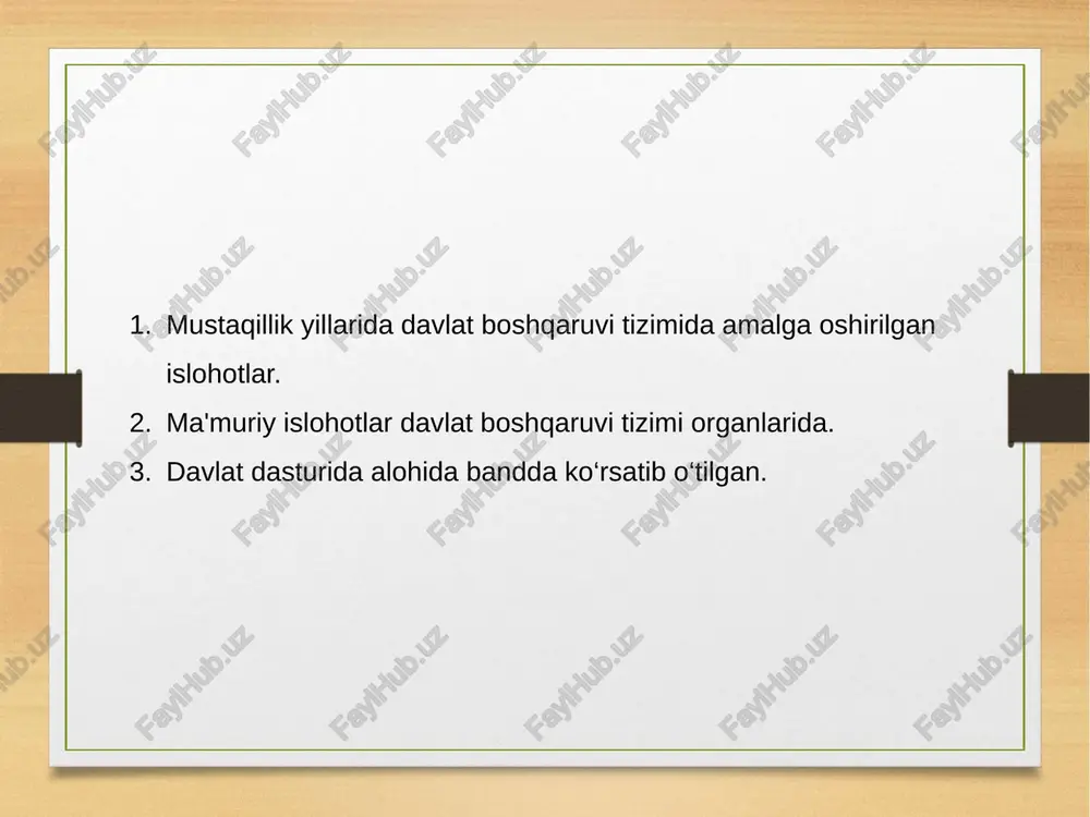sh bo‘yicha tizimli ishlar amalga oshirildi. milliy iqtisodiyotni isloh qilish borasida tashqi savdo, soliq va moliya siyosatini liberallashtirish, tadbirkorlikni qo‘llab-quvvatlash va xususiy mulk daxlsizligini kafolatlash, qishloq xo‘jaligi mahsulotlarini chuqur qayta ishlashni tashkil etish hamda hududlarni jadal rivojlantirishni ta’minlash bo‘yicha ta’sirchan choralar ko‘rildi. fuqarolarning ijtimoiy himoyasini kuchaytirish va kambag‘allikni qisqartirish davlat siyosatining ustuvor yo‘nalishi sifatida belgilanib, aholini yangi ish o‘rinlari va kafolatli daromad manbai, malakali tibbiy va ta’lim xizmatlari, munosib yashash sharoitlari bilan ta’minlash sifat jihatidan yangi bosqichga ko‘tarildi. so‘nggi besh yillik islohotlarning natijasida mamlakatimizda yangi o‘zbekistonni barpo etishning zarur siyosiy-huquqiy, ijtimoiy-iqtisodiy va ilmiy-ma’rifiy asoslari yaratildi. o’zbekiston respublikasida “ta’lim to’g’risida”gi qonun va “kadrlar tayyorlash milliy dasturi”. “ta’lim to’g’risida”gi qonun ta’lim tarbiya fuqarolar kasbiy taryyorgarligi va har bir fuqaroning ilm olish konstitutsion huquqini ta’minlash kabi bir qator dolzarb vazifalarni belgilab beradi. respublikamizda bugungi kunda tubdan yangi davlat bo’lib, unda har bir siyosiy, iqtisodiy ma’naviy sohadagi islohatlar ham yangi ta’lim tizimida bosqichma–bosqich olib …