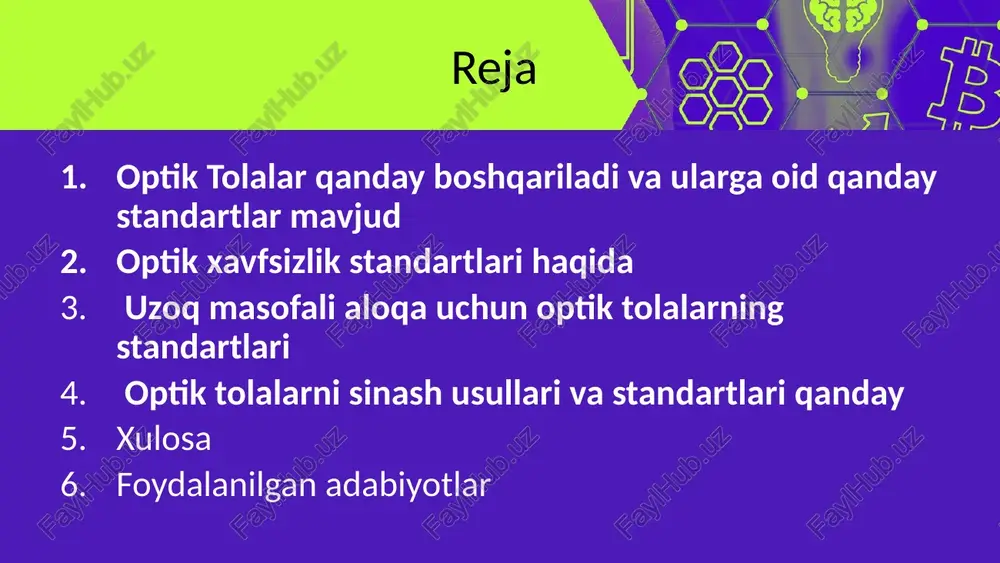 rilmalar) ko'plab protokollarga va standartlarga rioya qiladi. optik tolalar ko'p turdagi tizimlarda (masalan, internet provayderlari, korporativ tarmoqlar, telekommunikatsiya operatorlari tomonidan ishlatiladigan tarmoqlar) uzoq masofali ma'lumot almashishni ta'minlash uchun foydalaniladi. optik tolalar qanday boshqarilishi va ular uchun mavjud bo'lgan standartlar quyidagi yo'nalishlarda mavjud: protokollar va interfeyslar: optik aloqa protokollari va interfeyslar (masalan, ethernet, sonet/sdh, fiber channel, pon - passive optical network) optik tolalarni boshqarishda muhim rol o'ynaydi. ushbu protokollar optik signalni jo'natish, qabul qilish va uni tahlil qilish uchun belgilangan qoidalarga asoslangan. mavjud standartlar: optik aloqa tarmoqlarida foydalaniladigan standartlar, masalan, ieee (institute of electrical and electronics engineers), itu-t (international telecommunication union - telecommunication standardization sector), tia (telecommunications industry association) kabi tashkilotlar tomonidan ishlab chiqiladi. bu standartlar, optik aloqa qurilmalarining boshqarish, almashish, tahlil qilish va sozlash jarayonlarini normativ va tekshiruv asosida belgilaydi. this presentation uses a free template provided by fppt.com www.free-power-point-templates.com xavfsizlik standartlari: optik aloqa tizimlarining xavfsizligi juda muhimdir. xavfsizlik standartlari …