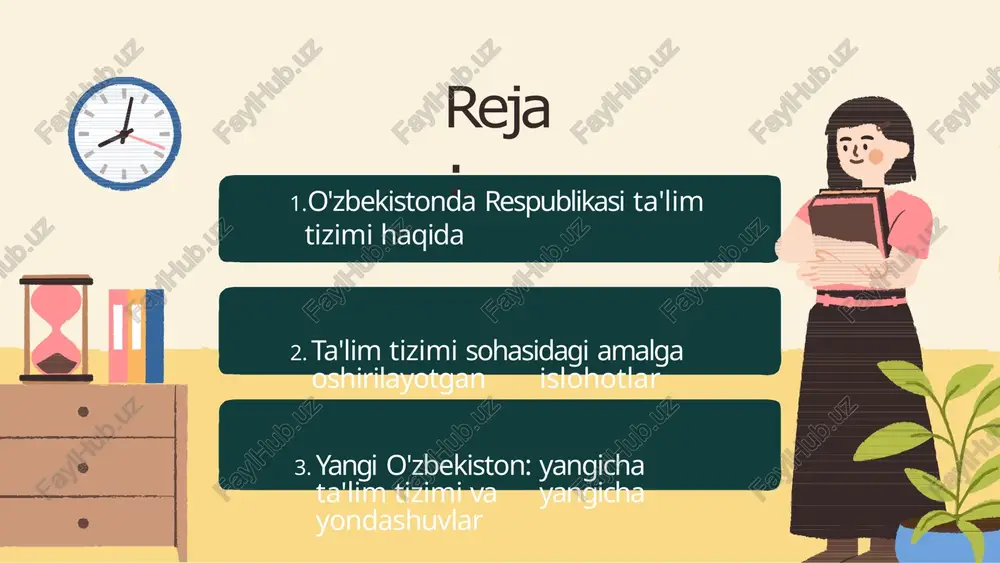 isloh qilishga bog‘liqcha olib borilishi bilan izohlanadi. shu jihatdan qaralganda, davlat ta’lim siyosatining asosiy boshqaruv-lusiych maqsadlaridan biri — “kadrlar tayyorlash milliy dasturi”ni amalga oshirishdir. milliy dastur uzluksiz ta’lim tizimini bosqichma-bosqich isloh qilishni, yangilashni, qayta qurishni nazarda tutadi. u ilg‘or xalqaro tajribalarni, o‘zbekistonning mustaqil rivojlanish xususiyatlarini inobatga olgan holda ishlab chiqilgan. oliy ta’lim sohasida ham islohot o‘tkazish zarurati yuzaga kelgach, 1997-yil mart oyida vazirlar mahkamasining farmoyishiga muvofiq, ta’lim tizimini isloh etish, kadrlar tayyorlash jarayoniga zamon talab darajasida o‘zgartirish kiritish maqsadida maxsus komissiya tuzildi. natijada “kadrlar tayyorlash milliy dasturi” 1997-yil avgust oyida o‘zbekiston respublikasi oliy majlisi sessiyasida qabul qilindi. mazkur dastur uzluksiz ta’lim tizimini isloh qilish bosqichma-bosqich amalga oshirishni nazarda tutadi: birinchi bosqich (1997–2001-yillar). bu yillarda huquqiy-me’yoriy, moddiy-texnik va kadrlar tayyorlashning tashkiliy asoslari yaratildi. shu talab doirasida pedagog kadrlar tayyorlash, ta’lim standartlarini yaratish, o‘quv dasturlari ustida ishlash, umumta’lim maktablarini qayta qurish, o‘rta maxsus va kasb-hunar bilim yurtlari tizimiga zamin tayyorlash va uzluksiz …