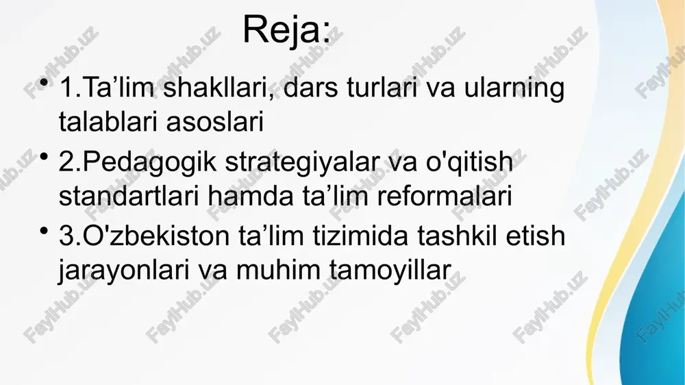 rligini oshirish uchun pedagogik strategiyalar innovatsion pedagogik yondashuvlar zamonaviy pedagogik strategiyalar orqali darslar interaktiv va qiziqarli bo‘lib, o‘quvchilarning faolligini oshirishga yordam beradi, natijada ta’lim samaradorligi yuqori bo‘ladi. individual yondashuv har bir o‘quvchining qobiliyatlari va ehtiyojlariga mos ravishda darslarni tashkil qilish, o‘quvchilarning motivatsiyasini va o‘rganish jarayonidagi ishtirokini mustahkamlaydi. texnologiyalarni integratsiya qilish darslarda zamonaviy texnologiyalar va multimedialardan foydalanish, ta’lim jarayonini yanada samarali, tushunarli va qiziqarli qilishga imkon yaratadi. ta’lim shakllariga oid zamonaviy standartlar va ta’lim reformalari ta’lim sohasida amalga oshirilayotgan innovatsiyalar, pedagogik yondashuvlar va texnologik integratsiya orqali ta’lim tizimini yangilashga qaratilgan. dars — bu o‘quv jarayonining asosiy tashkiliy shakli bo‘lib, unda o‘qituvchi maqsadli rejalashtirilgan ta’lim-tarbiya ishlarini amalga oshiradi. ilmiy nuqtai nazardan, dars tizimli, maqsadga yo‘naltirilgan va pedagogik qonuniyatlarga asoslangan faoliyat bo‘lib, unda bilim, ko‘nikma va malakalar shakllanadi, shaxsning tafakkuri hamda axloqiy fazilatlari rivojlanadi. darsga qo‘yiladigan talablar esa uning samaradorligini belgilaydi: maqsadning aniqligi, o‘quv materialining ilmiylik va izchillik tamoyillariga mosligi, metodlarning didaktik maqsadga …