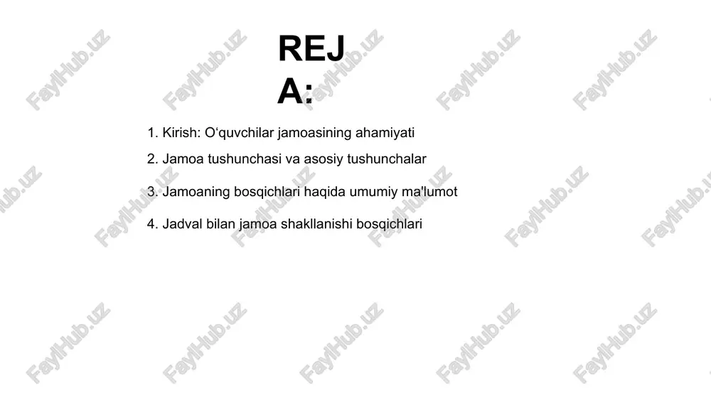 nishi bosqichlari aniq bosqichma-bosqich tahlil qilinadi, bu jarayon jamoa muhitini mustahkamlash va rivojlantirishga yordam beradi. har bir bosqichda o‘ziga xos vazifalar mavjud bo‘lib, ular jamoa a’zolarining o‘zaro munosabatlarini yaxshilash va umumiy maqsadlarni erishishni ta’minlaydi. 01 03 02 o‘quvchilarni tanishtirish va ularning motivatsiyasi o‘quvchilar jamoasining shakllanish bosqichlarida ularni tanishtirish muhim ahamiyatga ega. bu jarayon jamoa bilan tezda to‘qnashishga yordam beradi. motivatsiyani oshirish uchun, o‘quvchilarning shaxsiy qiziqishlari va maqsadlariga e’tibor qaratiladi. bu jamoaviy rivojlanishni kuchaytiradi va ishtirokni rag‘batlantiradi. yaxshi muhit yaratish uchun, o‘quvchilarning fikr-mulohazasi inobatga olinadi. bu ularning jamoaga bo‘lgan ishtirokini mustahkamlashga yordam beradi. 02 01 03 birgalikda ishlash va ishonch muhitining shakllanishi 01 02 04 o‘quvchilar jamoasining shakllanish bosqichida birgalikda ishlash muhim ahamiyat kasb etadi. bu muhitda ishonch mustahkamlanadi va jamoa rivojlanadi. jamoa a'zolari orasida ochiq muloqot va hamkorlik rivojlanadi. bu bosqichda bir-biriga yordam berish va hamjasozlik muhitga ijobiy ta'sir ko‘rsatadi. barcha ishtirokchilar o‘zaro hurmat va ishonchni mustahkamlashga intiladi. bu esa …