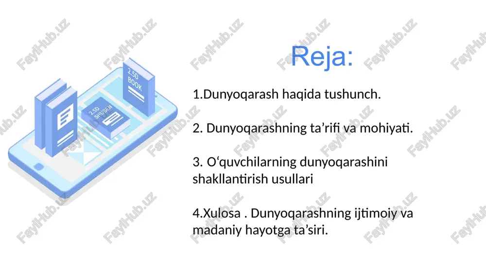 n g‘oyaiar yotadi. e’tiqod dunyoqarash negizida aks etuvchi ijtimoiy-falsafiy, tabiiy, iqtisodiy, huquqiy, ma’naviy-axloqiy, estetik hamda ekologik bilimlaming takomillashgan ko'rinishi; muayyan g‘oyaga cheksiz ishonch bo‘lib, uning shakllanishi bir necha bosqichda kechadi.. o’quvchilaming ilmiy dunyoqarashini shakllantirishning asosiy vositalari: intellektual tarkibiy qism, ijobiy emosional holat, amaliy faoliyat sohasi, fanlararo aloqadorlik, pedagogning ijtimoiy va kasbiy pozisiyasi. dunyoqarashning intellektual tarkibiy qismi borliqni bevosita hissiy aks ettirishdan, abstrakt tushunchaii fikrlashgacha bo'lgan harakatni talab etadi. 0 ‘quvchilarning ijobiy emosional holati ta’lim muassasasida ijobiy ijtimoiy-psixologik muhitni yaratishga – adabiyot va san’atni ishlab chiqishga, olimlaming hayoti va faoliyati, ijtimoiy faoliyatiga, o‘zining shaxsiy tajribasiga e’tibor qaratishni uyg‘otadi 0 ‘quvchilarning ilmiy dunyoqarashini shakllantirishning asosiy vositalari. 0 ‘quvchilarning amaliy faoliyat sohasi yetarlicha keng bo‘lishi mumkin. 0 ‘quv-mehnat va ijtimoiy faoliyat o‘quvchilami keng doiradagi ijtimoiy munosabatlarga jalb qiladi, muloqot tajribasi, har tomonlama axborotlar bilan qurollantiradi. . dunyoqarash odamlarni bir-biriga hurmat qilishga, jamiyatda yaxshi odatlar va tartibni saqlashga undaydi. masalan, agar odam do‘stlik va …
