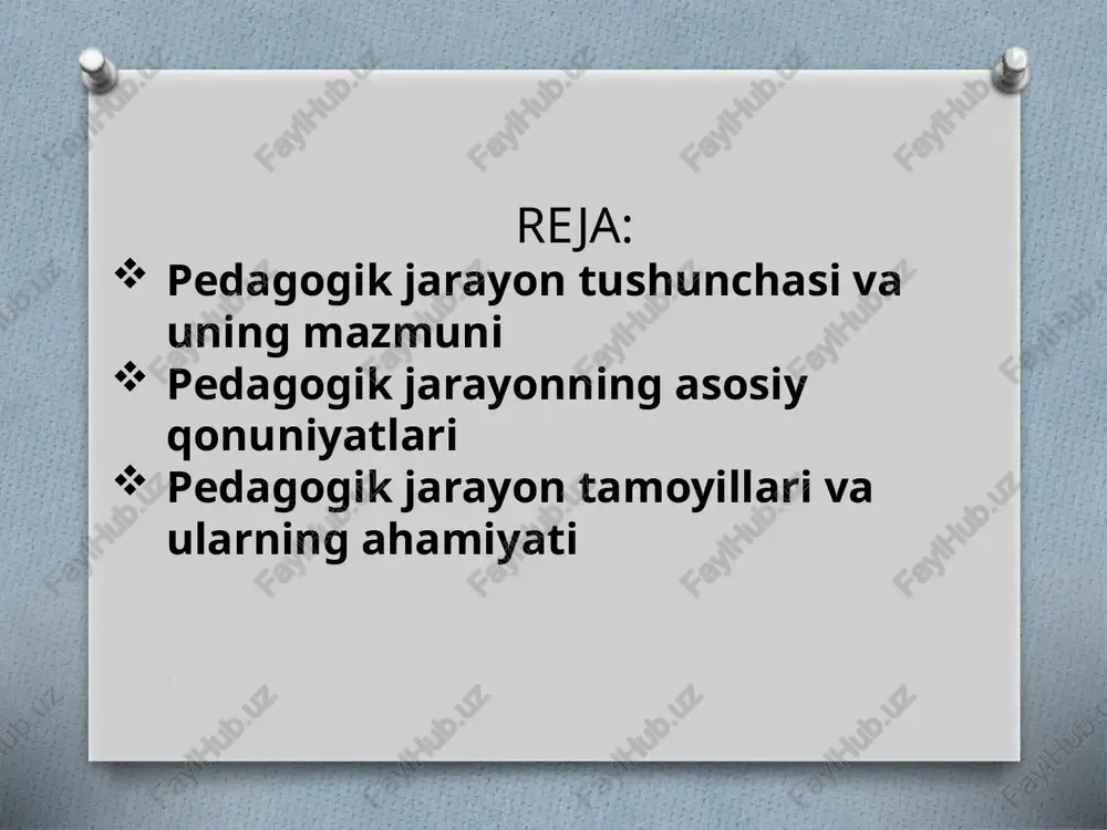 ro bog‘liqligi asosida amalga oshadi. pedagogik jarayonning markazida inson – o‘quvchi shaxsi turadi, chunki barcha ta’lim-tarbiya faoliyati aynan uni hayotga, mehnatga, jamiyatda faol ishtirok etishga tayyorlashga xizmat qiladi. pedagogik jarayon o‘z mohiyatiga ko‘ra dinamik bo‘lib, u jamiyat taraqqiyoti, fan va texnologiya rivoji, madaniy muhit hamda ijtimoiy talablar bilan chambarchas bog‘liq holda o‘zgarib boradi. shu sababli o‘qituvchi o‘z faoliyatida zamon talablari, yangi pedagogik texnologiyalar va innovatsion metodlarni hisobga olishi zarur. bugungi kunda pedagogik jarayonning muhim xususiyatlaridan biri — uning insonparvarlik va shaxsga yo‘naltirilganligidir. pedagogik jarayonning asosiy qonuniyatlari ta’lim va tarbiya jarayonining mohiyatini, ularning ichki aloqadorligi va rivojlanish dinamikasini belgilab beradi. qonuniyatlar — bu pedagogik faoliyatda doimo takrorlanib turadigan, muayyan sharoitlarda o‘z tasdig‘ini topadigan, ta’lim jarayonining barqaror rivojlanishini ta’minlovchi ob’ektiv bog‘lanishlardir. ular o‘qituvchi va o‘quvchi o‘rtasidagi o‘zaro ta’sir, ta’lim mazmuni, shakl va metodlarning uzviy uyg‘unligini ifodalaydi. pedagogik jarayonning eng muhim qonuniyatlaridan biri bu ta’lim, tarbiya va rivojlanishning o‘zaro birligidir. ya’ni bilim berish …