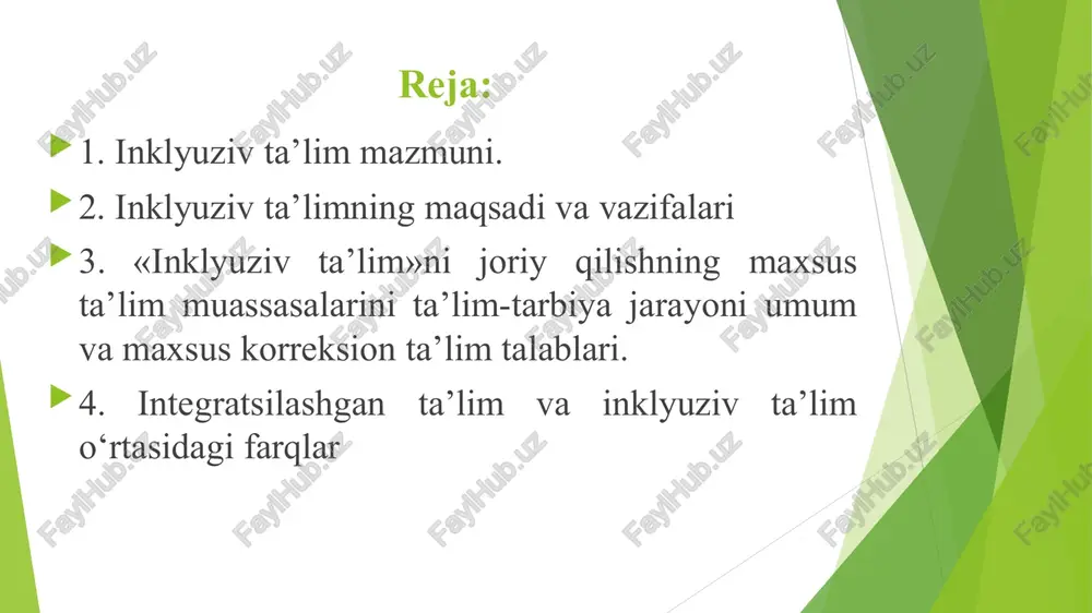 ketishiga yordam berish – ijtimoiy reabilitatsiya. rivojlangan mamlakatlarda «maxsus ta’lim zaruriyati» nomli hujjatga javoban – reabilitatsiya tashkiloti tashkil etildi. reabilitatsiya tashkiloti tashkil etildi. nogironlar jamiyati. nogironlar oilalari. sog‘likni saqlash. mehnat va aholini ijtimoiy muhofaza etish hamda kasaba uyushmalari vakillarini o‘z ichiga qamrab olgan. bunday nufuzli tashkilotning asosiy maqsadi – jismoniy yoki ruhiy rivojlanishida nuqsoni bo‘lgan bolalarni himoyalash, huquqlarini tiklash, vakolat berish, ta’lim-tarbiya tizimini shakllantirish, jamiyat va rahbariyat diqqatini bu narsaga jalb etishdan iborat inklyuziv ta’lim (ingliz tilidan olingan bo‘lib, inclusive, inclusion— uyg‘unlashmoq, uyg‘unlashtirish, qamrab olmoq, qamrab olish ma’nolarini bildiradi) nogiron va sog‘lom bolalar o‘rtasidagi to‘siqlarni (diskriminatsiyani) bartaraf etish, maxsus ta’limga muhtoj bolalar, (ayrim sabablarga ko‘ra nogiron bo‘lgan) o‘smirlar rivojlanishida uchraydigan nuqsonlar yoki iqtisodiy qiyinchiliklardan qat’iy nazar ijtimoiy hayotga moslashtirishga yo‘naltirilgan umumta’lim jarayoninga qo‘shishini ifodalovchi ta’lim tizimidir. inklyuziv ta’limning siyosati turli xil ehtiyojli bolalarni ta’lim olishini qo‘llaydi hamda yaxshi hayot ko‘rishiga imkon yaratadi. inklyuziv ta’limning maqsadi maktablarni maxsus ehtiyojli bolalarning ehtiyojlariga …