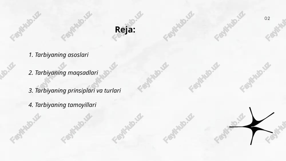 mat, individual yondashuv, izchillik, qat'iylik va samaradorlik muhim rol o'ynaydi. tarbiyaviy ishlar oilada boshlanib, maktab, jamiyat va davlat tomonidan qo'llab-quvvatlanadi. buning uchun erta bolalik davridan boshlab tizimli yondashuv zarur, va bu jarayon butun umr davomida olib borilishi kerak. tarbiya ko'p millatli jamiyatlarda madaniyatlararo muloqotni ta'minlashda ham muhim ahamiyatga ega. 6 ... t.me/slaydai_bot oila tarbiyasi mavzusi oila a'zolarining o'zaro munosabatlarini shakllantirishda muhim rol o'ynaydi. o'zbekistonda bolalar tarbiyasida asosiy e'tibor axloqiy qadriyatlar, milliy an'analar va ta'limga qaratiladi. oilada dastlabki 5-7 yil ichida bolalar o'z shaxsini shakllantiradi, bu davrda ota-ona mehr-shafqat, sabr-toqat va muloqotga alohida e'tibor qaratishi lozim. tadqiqotlarga ko'ra, o'zbek oilalarining 80 foizi bolalar tarbiyasiga jiddiy e'tibor beradi. har bir oilada o'rtacha 4-5 nafar oila a'zosi yashaydi va ular birgalikda axloqiy rivojlanishga hissa qo'shadi. statistik ma'lumotlarga ko'ra, tarbiya jarayonida ota-onalarning ishtiroki 70 foizni tashkil etadi. ... t.me/slaydai_bot maktab tarbiyasi bolalar va o‘smirlar ma’naviy va axloqiy rivojlanishi uchun muhimdir. bolalar maktabda o‘rtacha 11-12 …