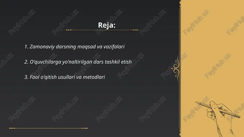 laydai_bot 4. axborot-kommunikatsiya texnologiyalaridan samarali foydalanish axborot-kommunikatsiya texnologiyalaridan samarali foydalanish uchun o‘qituvchilar 1) darslarni multimedia, interfaol prezentatsiya va ta’lim platformalari orqali rejalashtirishi, 2) lms, virtual laboratoriyalar va elektron baholash vositalari yordamida individual ta’lim va baholashni tashkil etishi, 3) raqamli savodxonlik, kiberxavfsizlik va ma’lumotlarni himoya qilishni o‘qitishi, 4) infratuzilma, texnik ta’minot va doimiy malaka oshirishni ta’minlashi zarur. ... t.me/slaydai_bot differentsial yondashuv va individualizatsiya zamonaviy darsda talabalarning qobiliyatlari, bilim darajasi va taʼlimiy ehtiyojlariga mos ravishda dars mazmuni, metod va vazifalarni o'zgartirishni nazarda tutadi. oʻqituvchi diagnostika testing, guruhlash, individual oʻquv rejalar va diferentlashtirilgan baholashdan foydalanadi. maqsad – motivatsiya oshirish, o‘rganish samaradorligini maksimal qilish va har bir oʻquvchiga shaxsiy taraqqiyotni taʼminlash. ... t.me/slaydai_bot kompetensiyalarni shakllantirishga yoʻnaltirilgan darslar maqsadi — talabalarda amaliy koʻnikma, tanqidiy fikrlash, muammo yechish, hamkorlik va axborot-kommunikatsiya texnologiyalaridan foydalanish kompetensiyalarini rivojlantirish. metodlar: faol, loyiha, muammoli, interfaol va diferenciatsiyalashgan yondashuvlar; real hayotiy vazifalar va interdisciplinar bogʻlanishlar; formatif baholash va refleksiya. ustoz roli — …