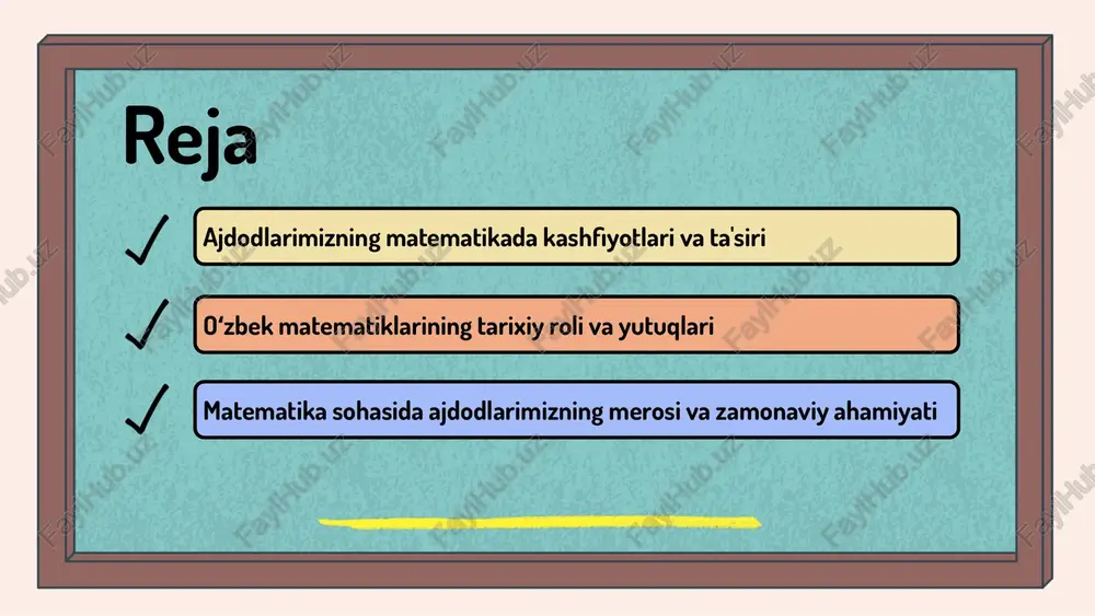 katta hissa qoʻshgan. al-khwarizmi, masalan, algebra asoslarini yaratgan va uning asarlari bugungi kunda zamonaviy matematikada muhim o‘rin tutadi. uning "al-kitab al-mukhtasar fi hisab al-jabr wal-muqabala" asari algebra fanining asosiy manbalaridan biri hisoblanadi. al-farabi esa, matematikani falsafa bilan bog‘lagan va uning asarlari ilm-fanning rivojlanishida muhim ahamiyatga ega bo‘lgan. umar hayyom, o‘z navbatida, matematikada trigonometriya va geometriya sohalarida muhim ishlarni amalga oshirgan. uning "al-jabr va al-muqabala" asari zamonaviy matematikada ham o‘z aksini topgan. hayyomning ishlariga ko‘ra, u matematik muammolarni yechishda analitik usullardan foydalanish zarurligini ta’kidlagan, bu esa bugungi kunda matematik ta’limda qo‘llanilmoqda. algebra va ajdodlarimiz ajdodlarimiz algebra sohasida muhim kashfiyotlarga erishgan. ularning asarlari va usullari bugungi kunda ham matematikada keng qo'llaniladi. masalan, algebrik tenglamalarni yechish jarayonida ishlatiladigan usullar, masalalarni yechishda samarali yondashuvlar yaratgan. tarixiy jihatdan, algebraik tenglamalarni yechish usullari nafaqat matematikani rivojlantirmagan, balki boshqa fanlar, jumladan, fizika va iqtisodiyotga ham ta'sir ko'rsatgan. o'zbek matematiklari, jumladan, al-khwarizmi va ibn sino, algebra bo'yicha muhim …
