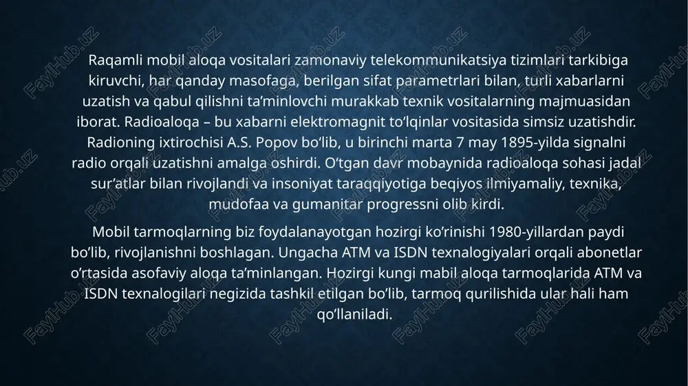 ini subkannellar o’rtasida qayta taqsimlashning mumkin emasligidir. subkanalda foydalanuvchi ma’lumotlari uzatilmaydigan vaqt oralig’ida, jamlangan kanal hali ham nollarga to’ldirilgan ushbu kanalning baytlarini uzatadi. isdn texnologiyasi -ushbu nom 1981 yilda xi ccitt tomonidan taklif qilingan. isdn-ning asosiy maqsadi - ma’lumotni abonentning simli liniyasi orqali 64 kbit / s gacha tezlikda uzatish va o’rnatilgan telekommunikatsiya xizmatlarini (telefon, faks va boshqalar) taqdim etish. buning uchun telefon simlaridan foydalanish ikkita afzalliklarga ega: ular allaqachon mavjud va terminal jihozlarini elektr bilan ta’minlash uchun ishlatilishi mumkin. 64 kbit / s standartini tanlash quyidagi mulohazalar bilan belgilanadi. 4 khz chastota diapazoni bilan kotelnikov teoremasiga binoan, namuna olish chastotasi kamida 8 khz bo’lishi kerak. bu tehnalogiyaning dastlabki ko’rinishi foydalanuvchilarga sifatli aloqani ta’minlab bergan. isdn tarmog’i quyidagi tarkibiy qismlardan iborat: • tarmoq terminali qurilmalari (nt, ingliz tarmoq terminali qurilmalari) • chiziqli terminal qurilmalari (lt, eng. line terminal uskunalari) • terminal adapterlari (ta, eng. terminal adapterlari) • abonent terminallari abonent …