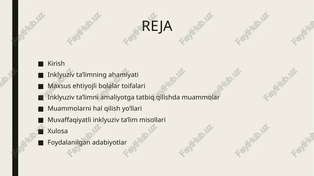 i. inklyuziv ta’lim qonuniy asoslari inklyuziv ta’limni rivojlantirish va qo‘llab-quvvatlash xalqaro va milliy qonunlarga asoslanadi. ushbu huquqiy hujjatlar har bir bolaning sifatli ta’lim olish huquqini kafolatlaydi. bmtning nogironlar huquqlari to‘g‘risidagi konvensiyasi (2006) – barcha bolalar, jumladan, nogironligi bo‘lgan bolalar uchun inklyuziv ta’limni ta’minlash majburiyatini yuklaydi. bmtning bola huquqlari to‘g‘risidagi konvensiyasi (1989) – har bir bolaning ta’lim olish huquqini kafolatlaydi va diskriminatsiyaning oldini oladi. incheon deklaratsiyasi (2015) – 2030-yilgacha inklyuziv va teng imkoniyatli ta’lim tizimini yaratish maqsadini belgilaydi. milliy qonunlar va davlat dasturlari – maxsus ehtiyojli bolalar uchun inklyuziv ta’limni rivojlantirishga qaratilgan normativ-huquqiy hujjatlar va davlat dasturlari. ushbu qonuniy asoslar inklyuziv ta’limni tatbiq etish va rivojlantirish uchun muhim huquqiy poydevor bo‘lib xizmat qiladi. maxsus ehtiyojli bolalar toifalari inklyuziv ta’lim tizimida alohida yondashuvni talab qiladigan bolalar turli toifalarga bo‘linadi: jismoniy imkoniyati cheklangan bolalar – harakatlanish qobiliyatida muammosi bo‘lgan, protez yoki nogironlik aravachasidan foydalanadigan bolalar. eshitish qobiliyati zaif yoki kar bolalar – maxsus …