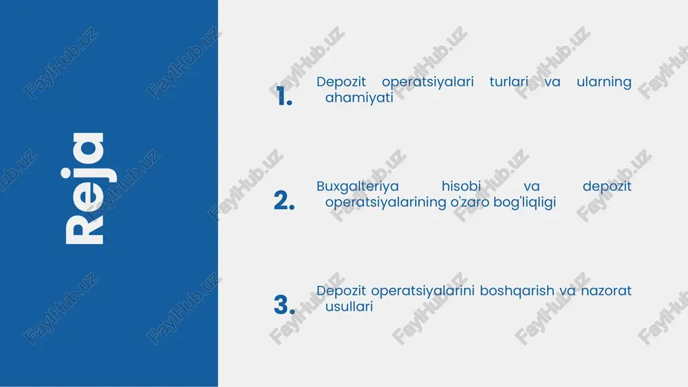itlar uchun esa yuqoriroq foizlar taklif etiladi. tejash depozitlarining afzalliklari quyidagilar: 1) xavfsizlik - banklarda joylashtirilgan mablag'lar davlat tomonidan kafolatlangan; 2) likvidlik - depozitni istalgan vaqtda yechish imkoniyati; 3) daromad - foizlar orqali qo'shimcha daromad olish imkoniyati. ushbu omillar tejash depozitlarini moliyaviy rejalashtirishda muhim ahamiyatga ega. muddatli depozitlar muddatli depozitlar - bu banklar tomonidan ma'lum bir muddat davomida saqlanadigan va ma'lum bir foiz bilan to'lanadigan mablag'lardir. ular odatda qisqa (1-3 oy), o'rta (6-12 oy) va uzoq muddatli (1 yildan ortiq) bo'lishi mumkin. mijozlar o'z mablag'larini muddatli depozitlarda saqlash orqali banklardan yuqori foiz to'lovlarini olishadi. banklar esa, bu mablag'larni boshqa kreditlash faoliyatlarida foydalanadilar. muddatli depozitlarning bank va mijozlar uchun bir qancha foydalari mavjud. mijozlar uchun bu depozitlar xavfsizlik, kafolatlangan daromad va likvidlikni taklif etadi. banklar uchun esa, ular investorlar mablag'larini kreditlash uchun foydalanish imkoniyatini beradi, bu esa bankning moliyaviy barqarorligini oshiradi. shuningdek, muddatli depozitlar orqali banklar moliyaviy resurslarini rejalashtirish va boshqarish …
