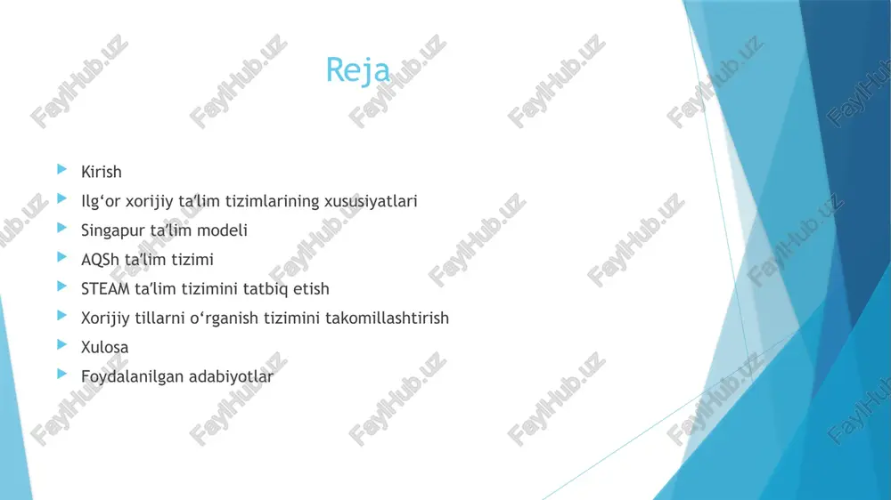 ndiya taʼlim tajribasi finlyandiya dunyodagi eng samarali taʼlim tizimiga ega davlatlardan biri bo‘lib, quyidagi jihatlari bilan ajralib turadi: ✅ erkin va moslashuvchan taʼlim – o‘quvchilar mustaqil fikrlash va o‘ziga mos o‘quv usulini tanlash imkoniyatiga ega. ✅ test va imtihonlarning minimal darajada bo‘lishi – bosimni kamaytirish va ijodiy tafakkurni rivojlantirishga urg‘u beriladi. ✅ yuqori malakali o‘qituvchilar – o‘qituvchilar magistr darajasiga ega bo‘lishi va pedagogik metodlarni chuqur o‘rganishi shart. ✅ kuchli ijtimoiy tenglik – barcha o‘quvchilar uchun bepul taʼlim va oziq-ovqat bilan taʼminlash tizimi mavjud. ✅ amaliy va hayotga yaqin taʼlim – nazariya va amaliyot uyg‘unligi taʼminlanib, real hayotga tayyorlov kuchaytiriladi. finlyandiya modeli o‘quvchilarning tabiiy qobiliyatlarini rivojlantirishga qaratilgan bo‘lib, stressdan xoli, samarali ta’lim muhitini yaratishga asoslangan. singapur taʼlim modeli singapur taʼlim tizimi dunyoda eng samarali deb tan olinadi va quyidagi asosiy jihatlar bilan ajralib turadi: ✅ matematika va tabiiy fanlarga urg‘u – singapur matematikasi modeli global miqyosda eng samarali usullardan biri hisoblanadi. …