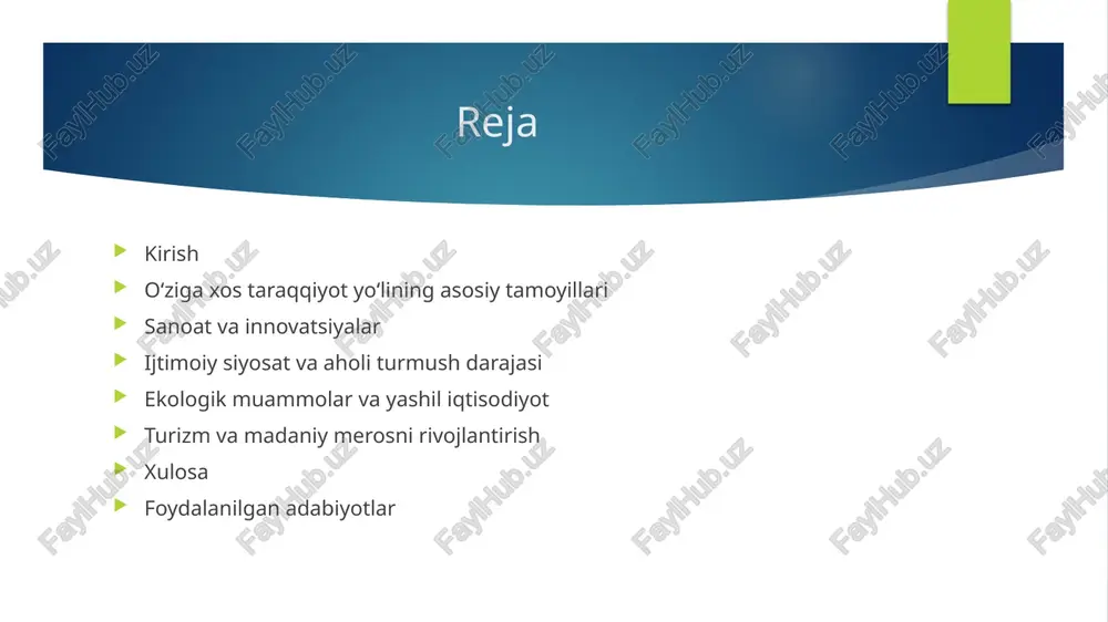 isoblanadi. 5️⃣ islohotlarning bosqichma-bosqich amalga oshirilishi – oʻzbekiston keskin o‘zgarishlar emas, balki barqaror rivojlanish tamoyiliga asoslangan holda islohotlarni bosqichma-bosqich amalga oshirish yoʻlini tanladi. davlat boshqaruv tizimi va islohotlar oʻzbekiston mustaqillikka erishgach, mustahkam davlat boshqaruv tizimini yaratish yoʻlini tanladi. 1992-yilda konstitutsiya qabul qilinib, hokimiyatning uch tarmogʻi – qonun chiqaruvchi (oliy majlis), ijro etuvchi (hukumat) va sud hokimiyati ajratildi. mahalliy boshqaruv tizimi rivojlantirilib, mahalla instituti mustahkamlandi. soʻnggi yillarda "elektron hukumat" joriy etilib, davlat xizmatlari soddalashtirildi. sud-huquq tizimi isloh qilinib, sud mustaqilligi va inson huquqlari himoyasi kuchaytirildi. bu islohotlar davlat boshqaruvining samaradorligini oshirishga xizmat qildi. iqtisodiy islohotlar va bozor iqtisodiyotiga oʻtish oʻzbekiston mustaqillik yillarida iqtisodiyotni modernizatsiya qilish va bozor iqtisodiyotiga bosqichma-bosqich oʻtish yoʻlini tanladi. asosiy islohotlar quyidagilardan iborat: xususiy mulk va tadbirkorlikni rivojlantirish – davlat mulkini xususiylashtirish va erkin biznes muhitini yaratish. qishloq xo‘jaligi islohotlari – fermer xo‘jaliklari tizimini joriy etish va yerga egalik huquqini berish. bank-moliya sektori modernizatsiyasi – milliy valyuta mustahkamlanishi …